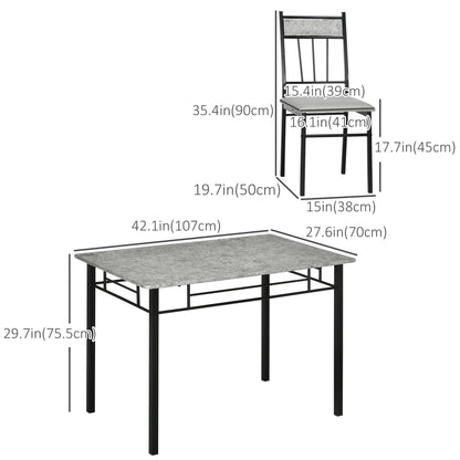 HOMCOM 5 Pieces Diner Tables Dining Room Sets for 4 People with Marble Effect Tabletop Padded Chairs and Metal Frame Grey