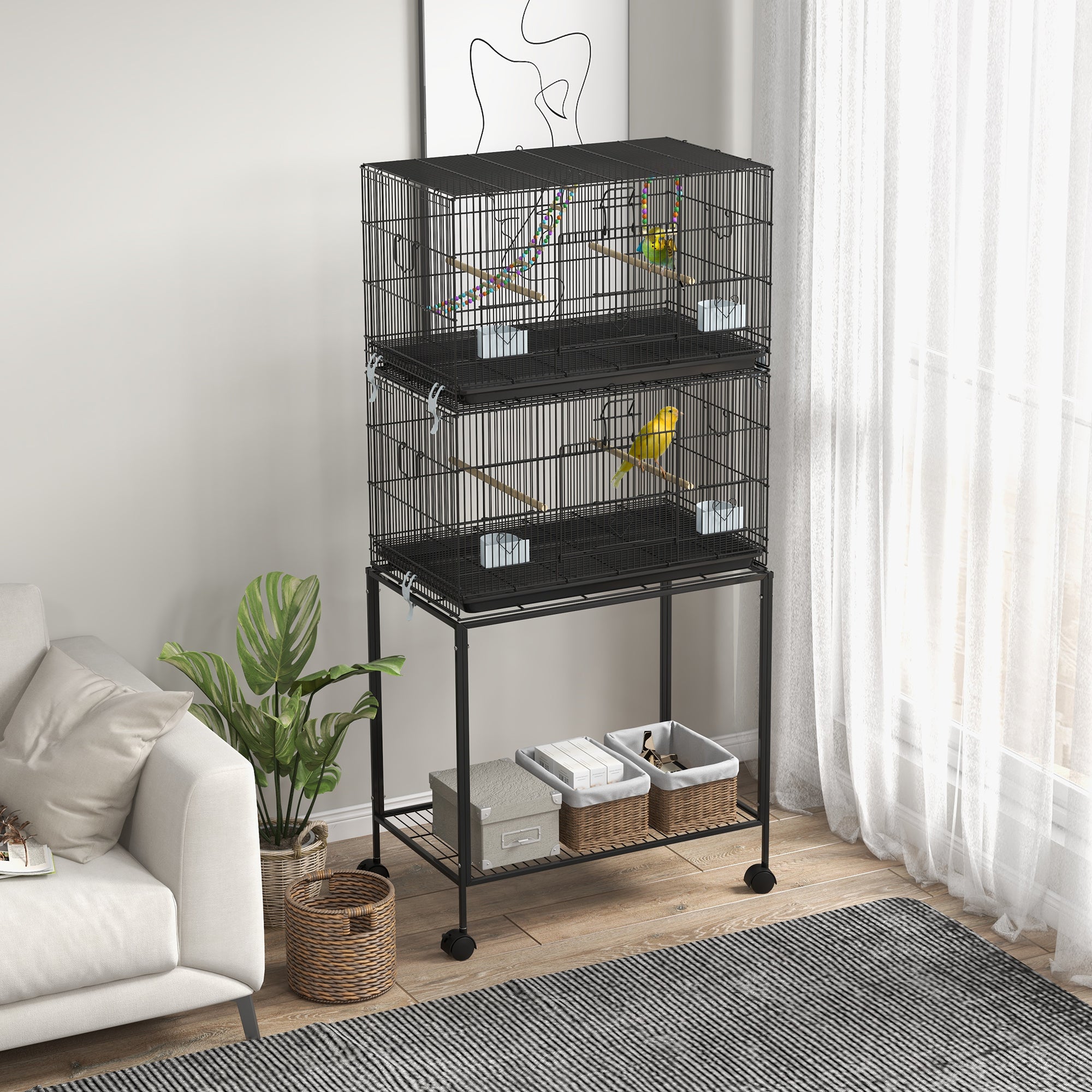 PawHut 65" Birdcage for Canaries, Lovebirds Finches, Budgie Cage with Wheels, Black