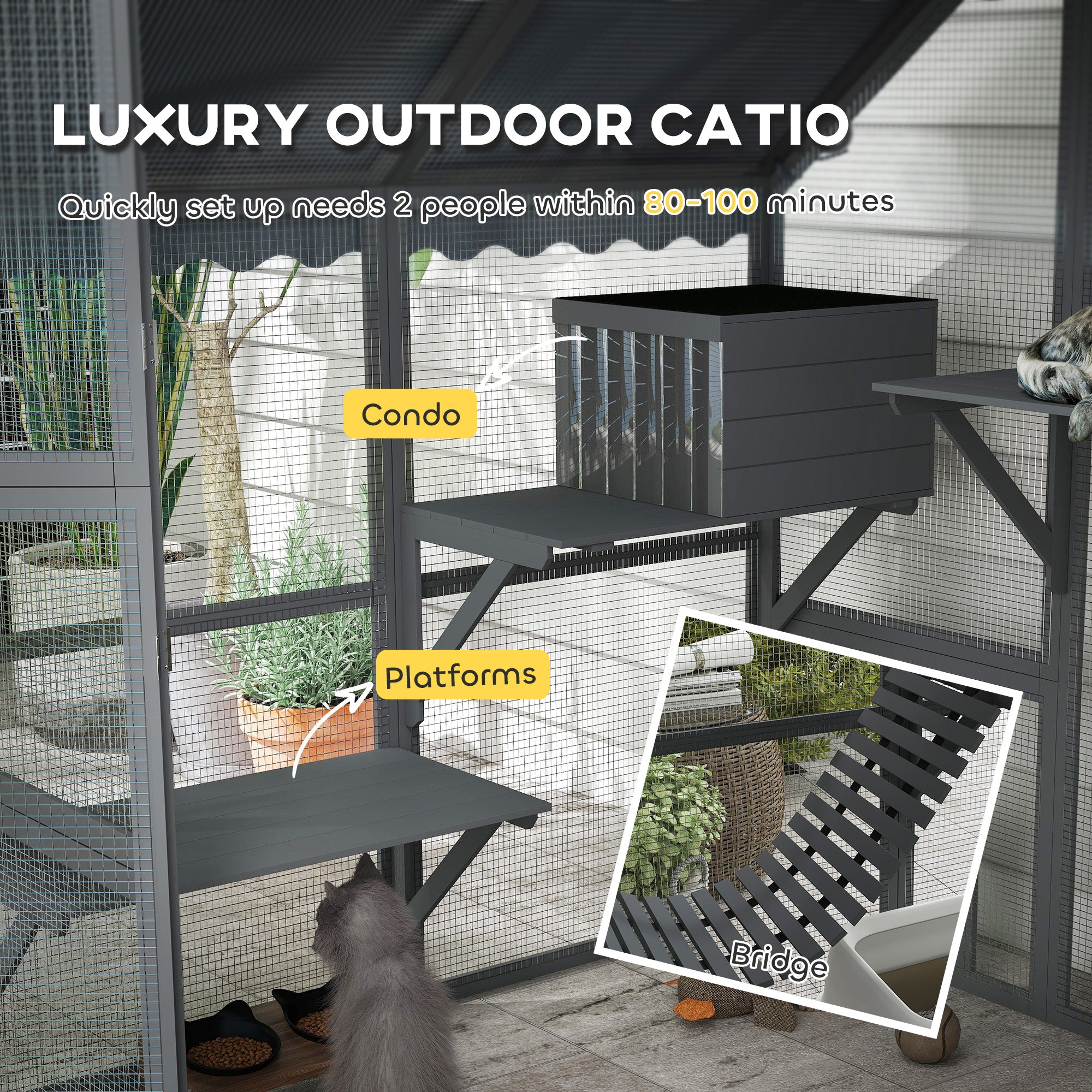 PawHut Large Catio Outdoor with Waterproof Cover, 2 Resting Boxes, 4 Platforms, Bridge, for 2-4 Kittens, Grey
