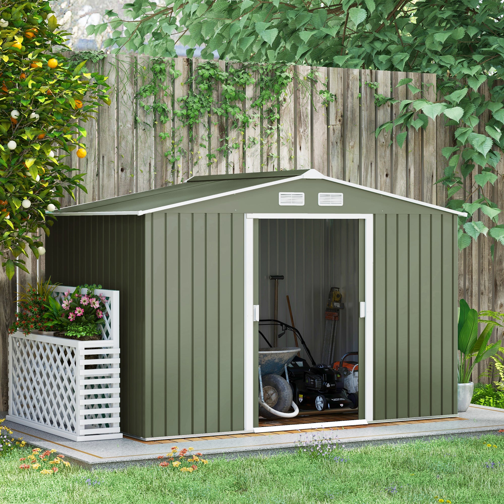 Outsunny 9.1'x6.4'x6.3' Garden Storage Shed w/ Foundation Kit Metal Tool Storage House w/ Double Doors Light Green