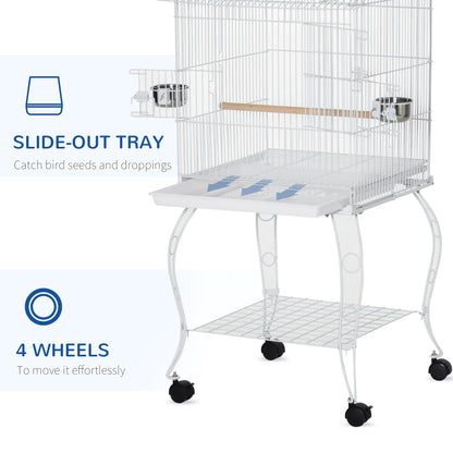 PawHut 53.9'' Large Rolling Steel Bird Cage Bird House with Detachable Rolling Stand, Storage Shelf, Wood Perch, Food Container, White