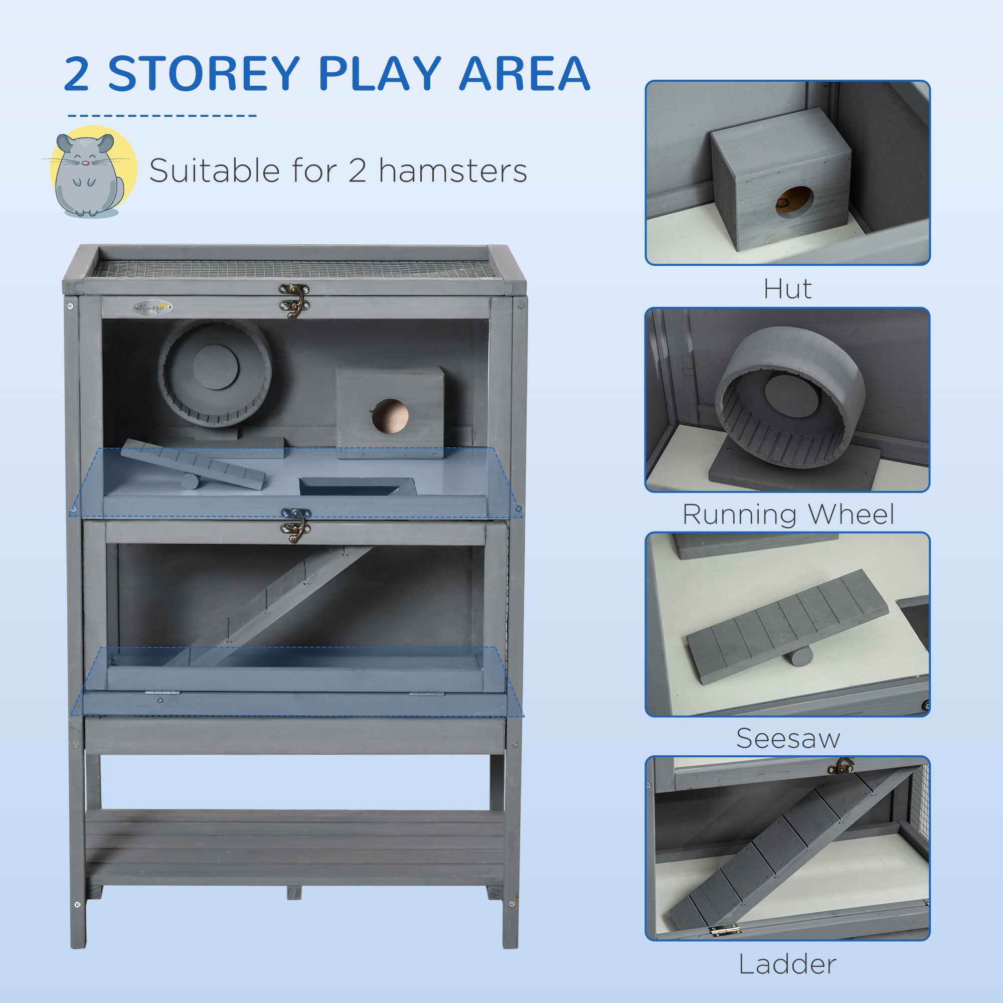 PawHut Wooden Hamster Cage, Mice Rodent Small Animals Kit Hutch with Storage, Sliding Tray Seesaw Running Wheel Lockable Roof