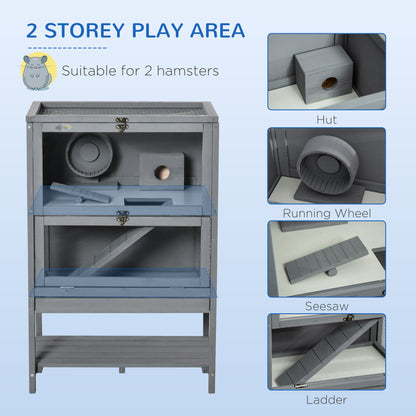 PawHut Wooden Hamster Cage, Mice Rodent Small Animals Kit Hutch with Storage, Sliding Tray Seesaw Running Wheel Lockable Roof