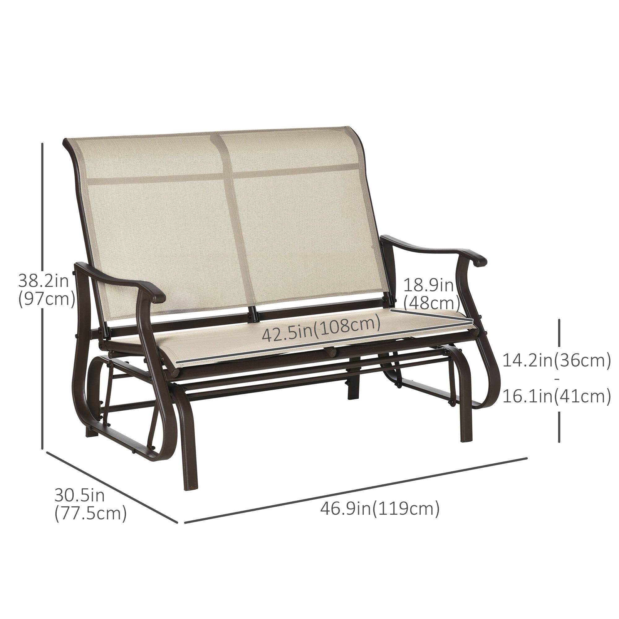 Outsunny 2-Person Outdoor Glider Chair, Patio Glider Rocking Chair with Mesh Seat and Backrest, Steel Frame for Outdoor, Backyard, Khaki