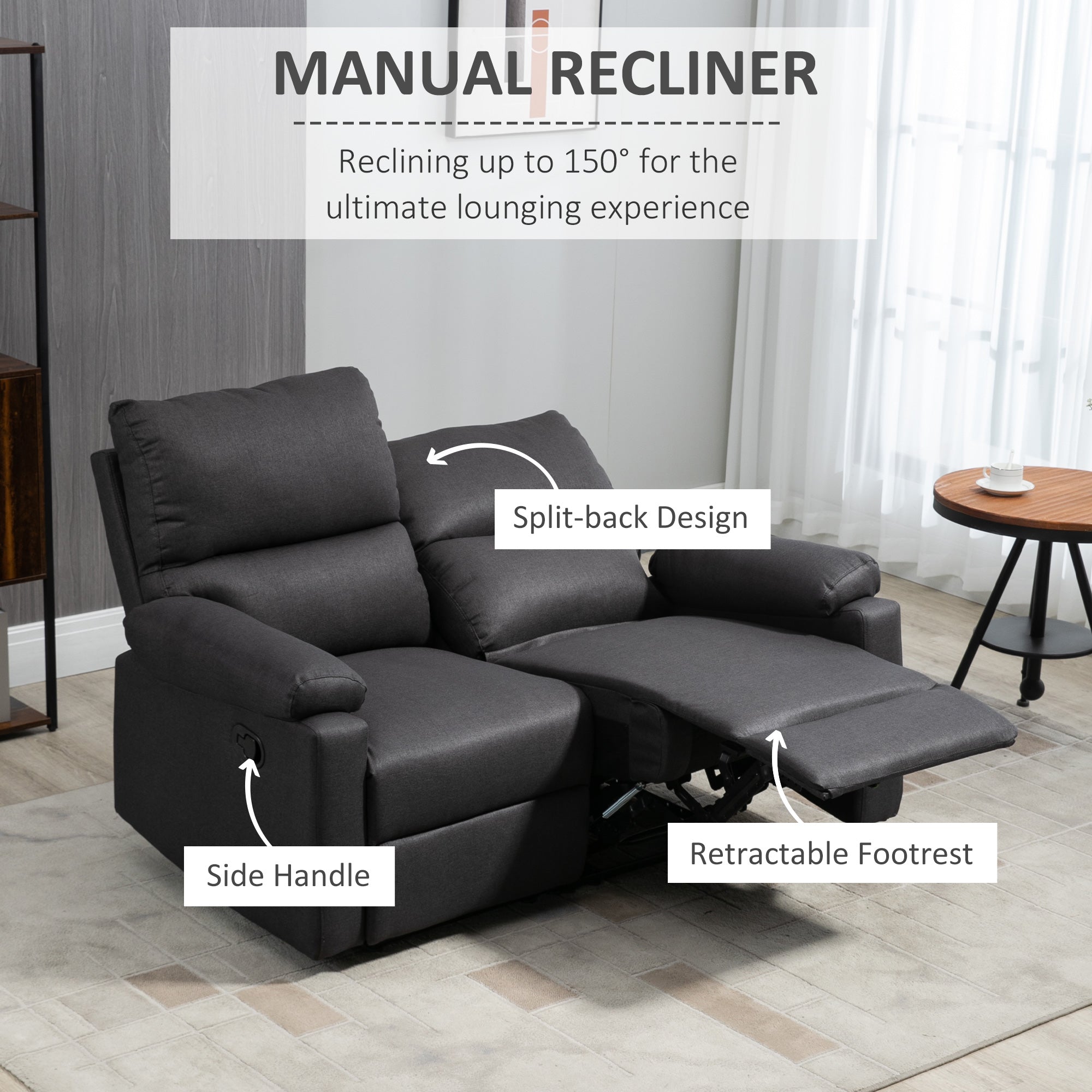 HOMCOM Loveseat Recliner Sofa, 2 Seater Reclining Chair with Footrest and Split Backrest, Dark Grey