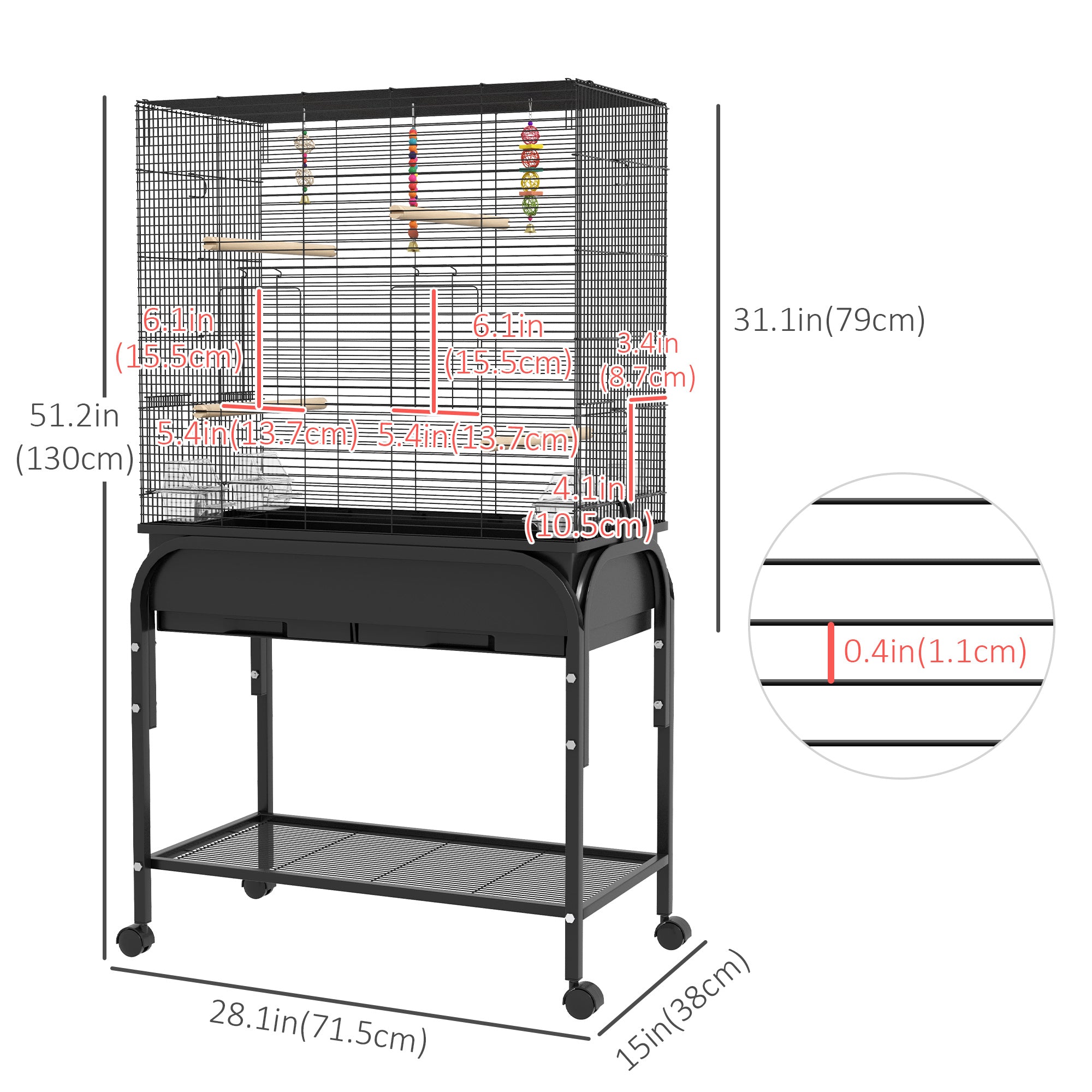 PawHut 51" Bird Cage for Budgies Canaries Finches Lovebirds Parakeets with Rolling Stand, Toys, Black
