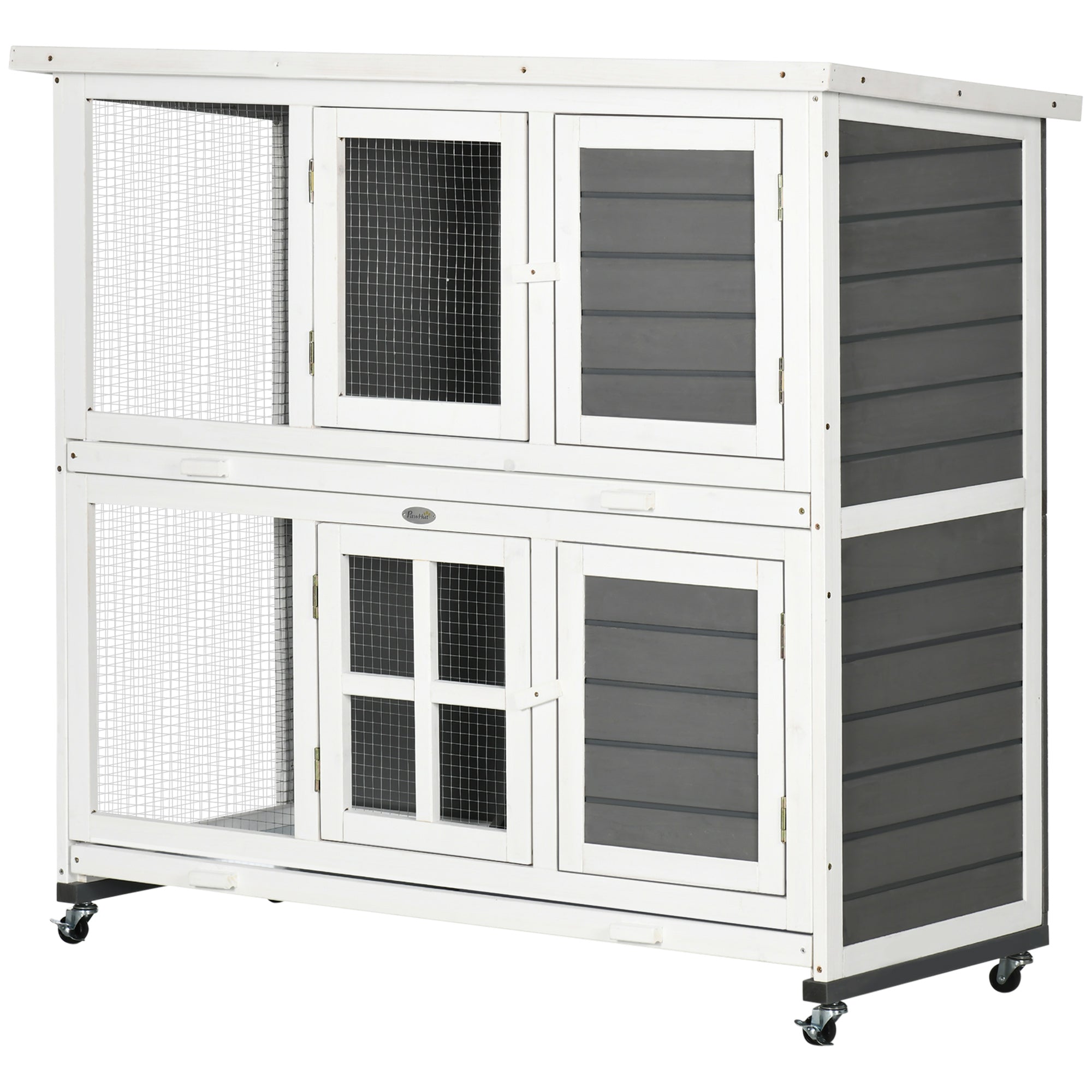 PawHut 2 Tier Wooden Rabbit Hutch with Wheels, Waterproof Roof, Removable Tray for Outdoor & Indoor, Dark Grey