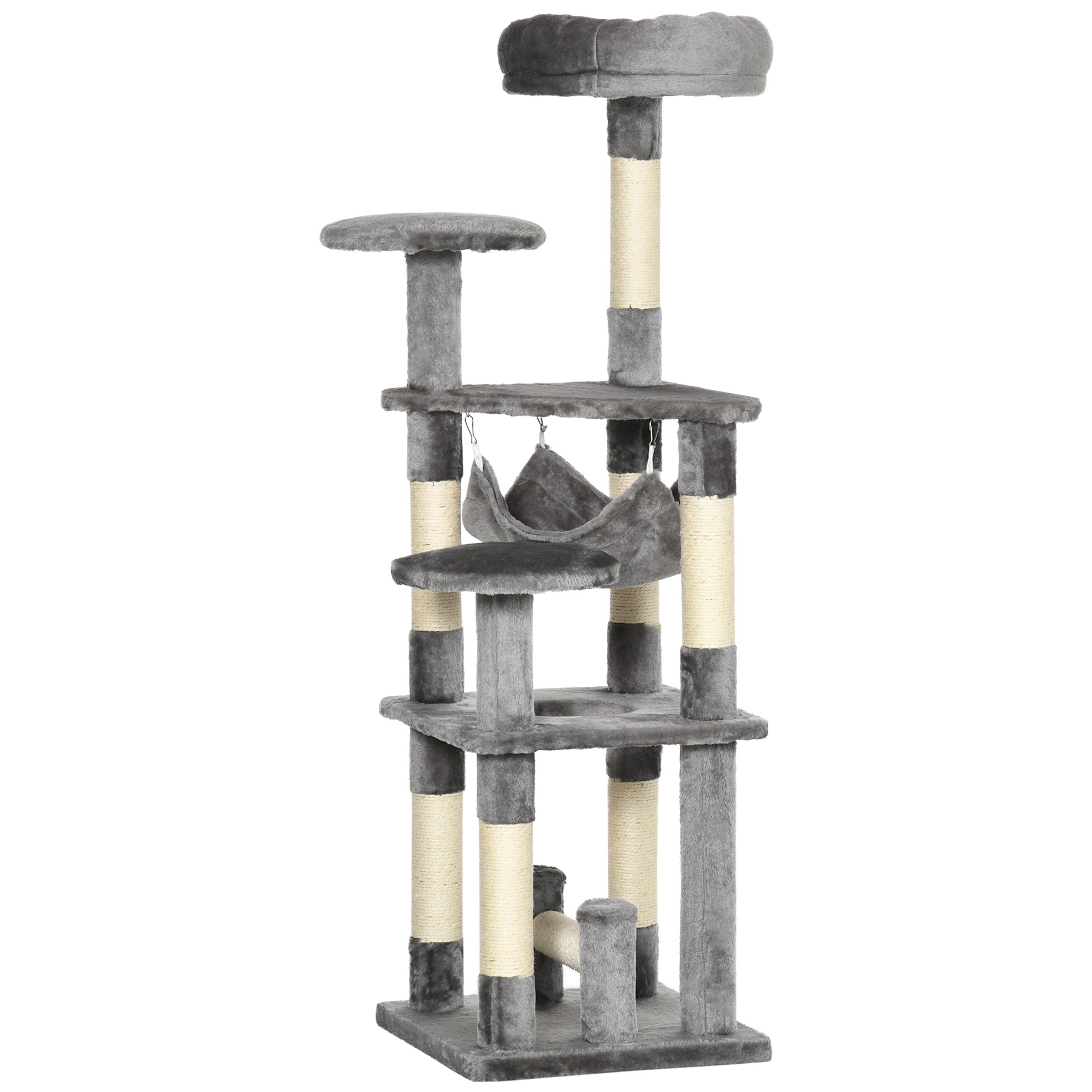 PawHut 52" Multi-Level Cat Tree Tower, Kitten Scratcher Activity Center Play House with Hammock - Grey
