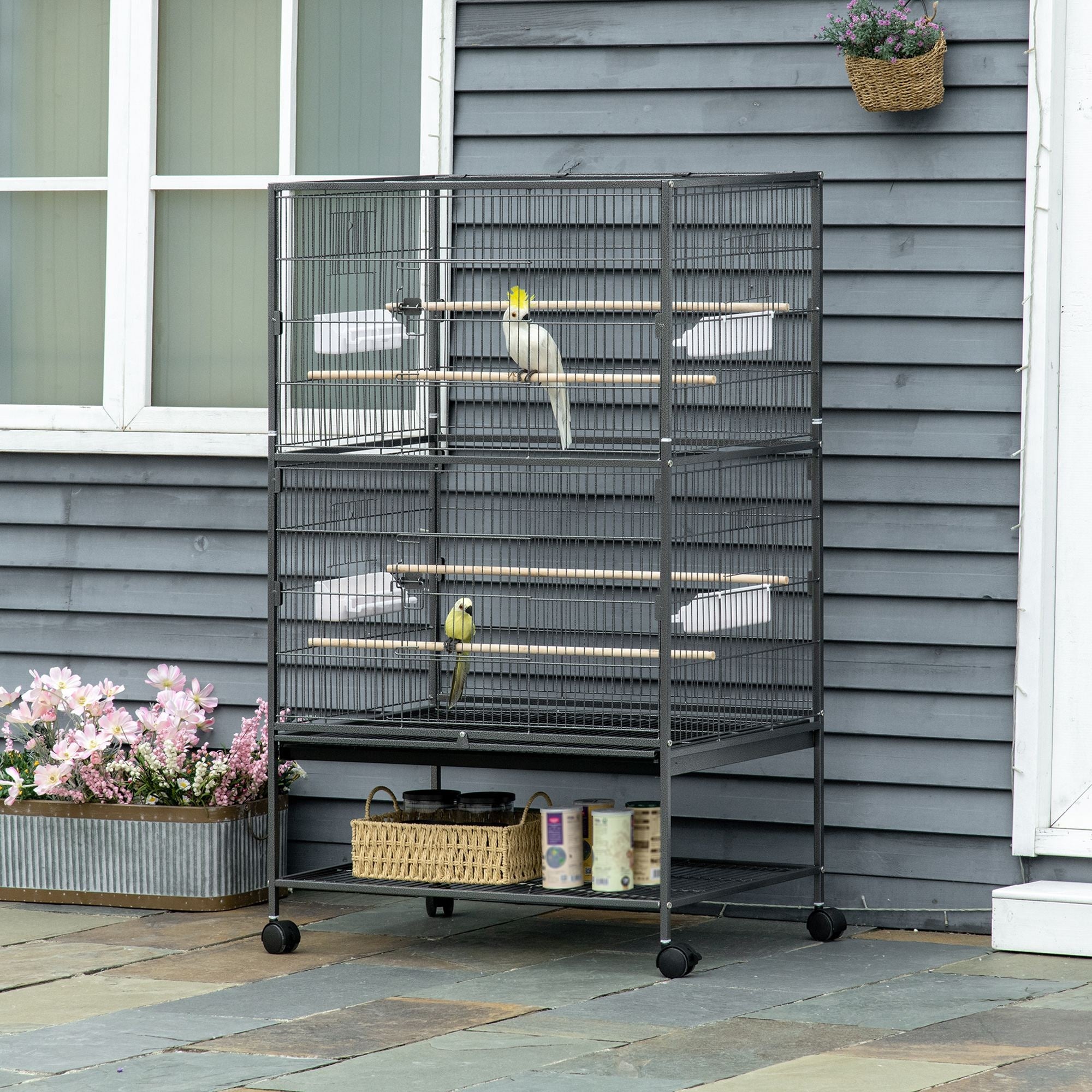 PawHut 52'' Large Rolling Steel Bird Cage Bird House with Rolling Stand, Storage Shelf, Wood Perch, Food Container, Dark Grey