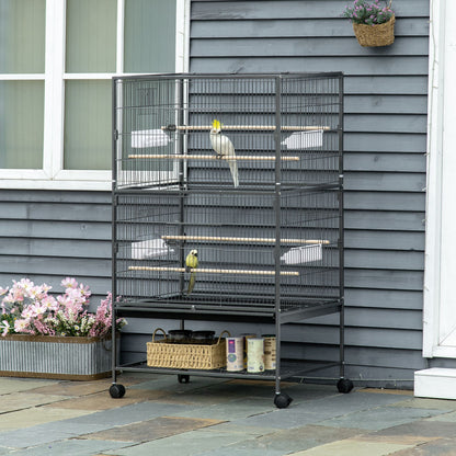 PawHut 52'' Large Rolling Steel Bird Cage Bird House with Rolling Stand, Storage Shelf, Wood Perch, Food Container, Dark Grey