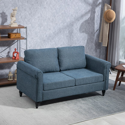 HOMCOM Vintage Loveseat, Upholstered Love Seat Furniture, Fabric 2 Seater Sofa with Rolled Arms, Rubber Wood Legs, Dark Blue