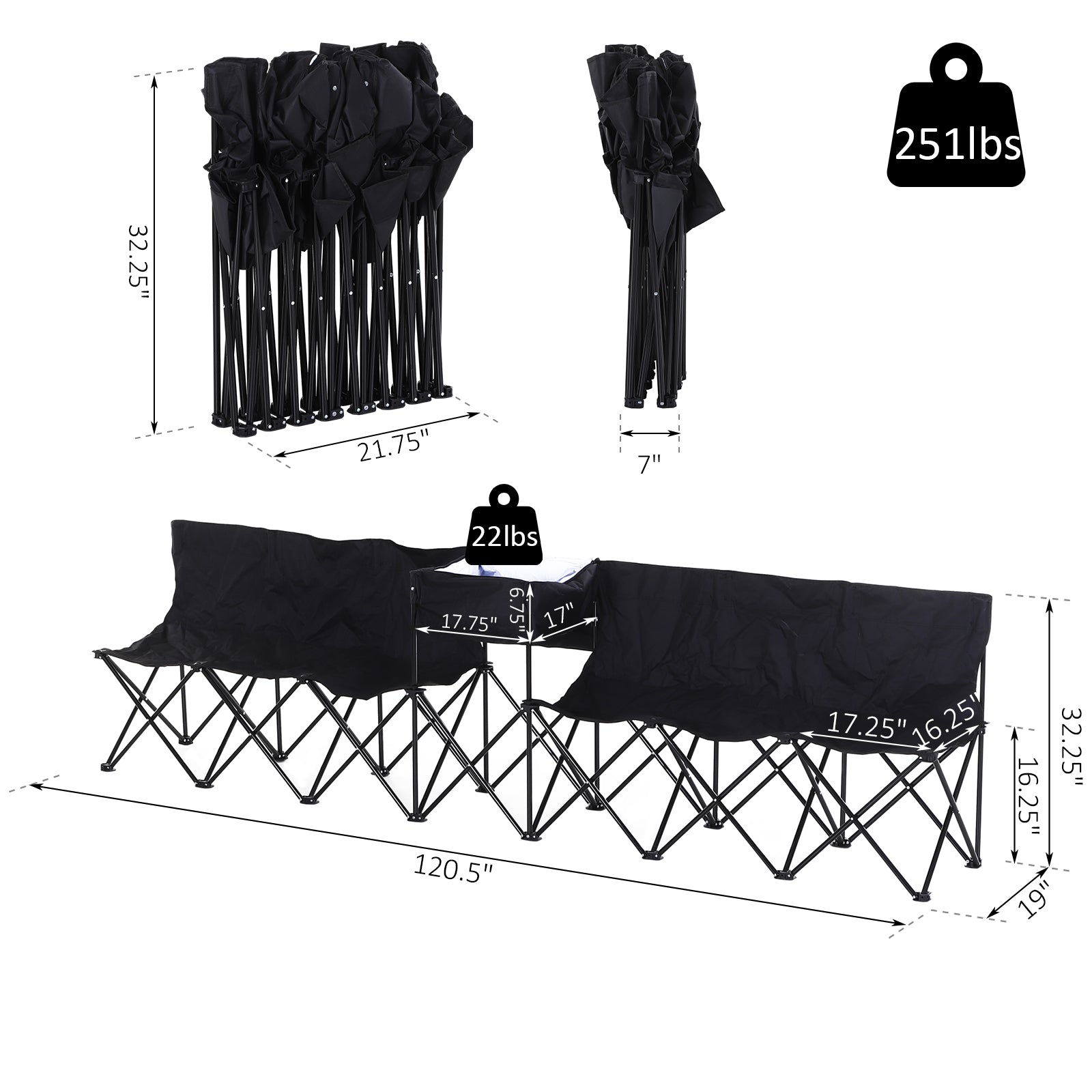 Outsunny 6-Person Folding Camping Bench Chair Sport Seat Folding Cooler Bag w/ Carrying Case