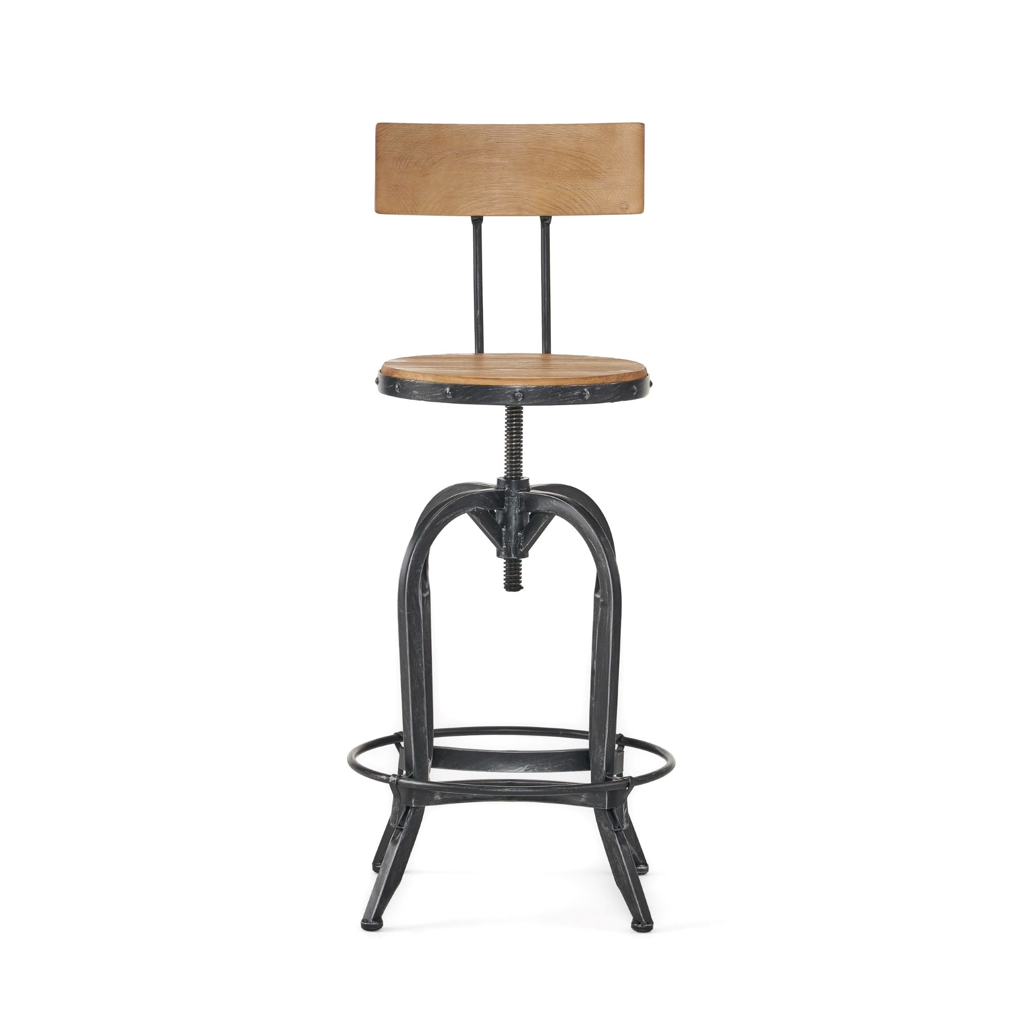 Rustic Firwood Barstool with Iron Legs, Swivel Footrest, Perfect for Retro Dens, Home Bar Areas, 18.5" L x 18.5" W x 45.5" H, Natural
