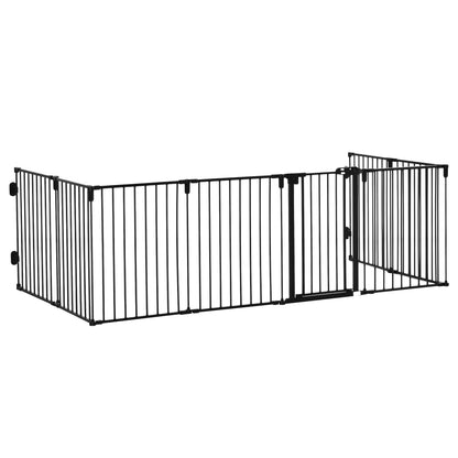 PawHut Dog Safety Gate 8-Panel Playpen Fireplace Christmas Tree Steel Fence Stair Barrier Room Divider Black