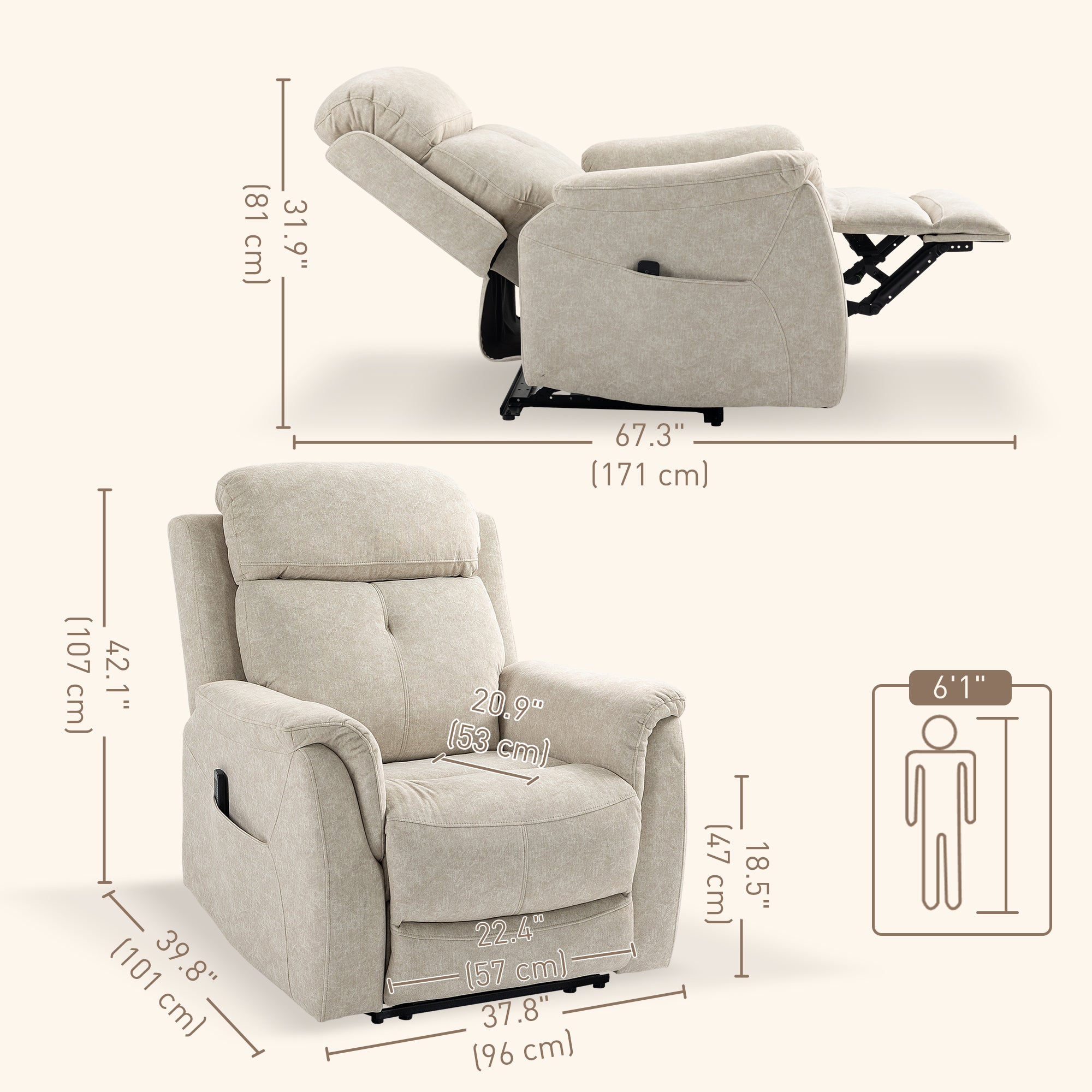 HOMCOM Manual Recliner Chair with Vibration Massage, Reclining Chair for Living Room with Side Pockets, Beige