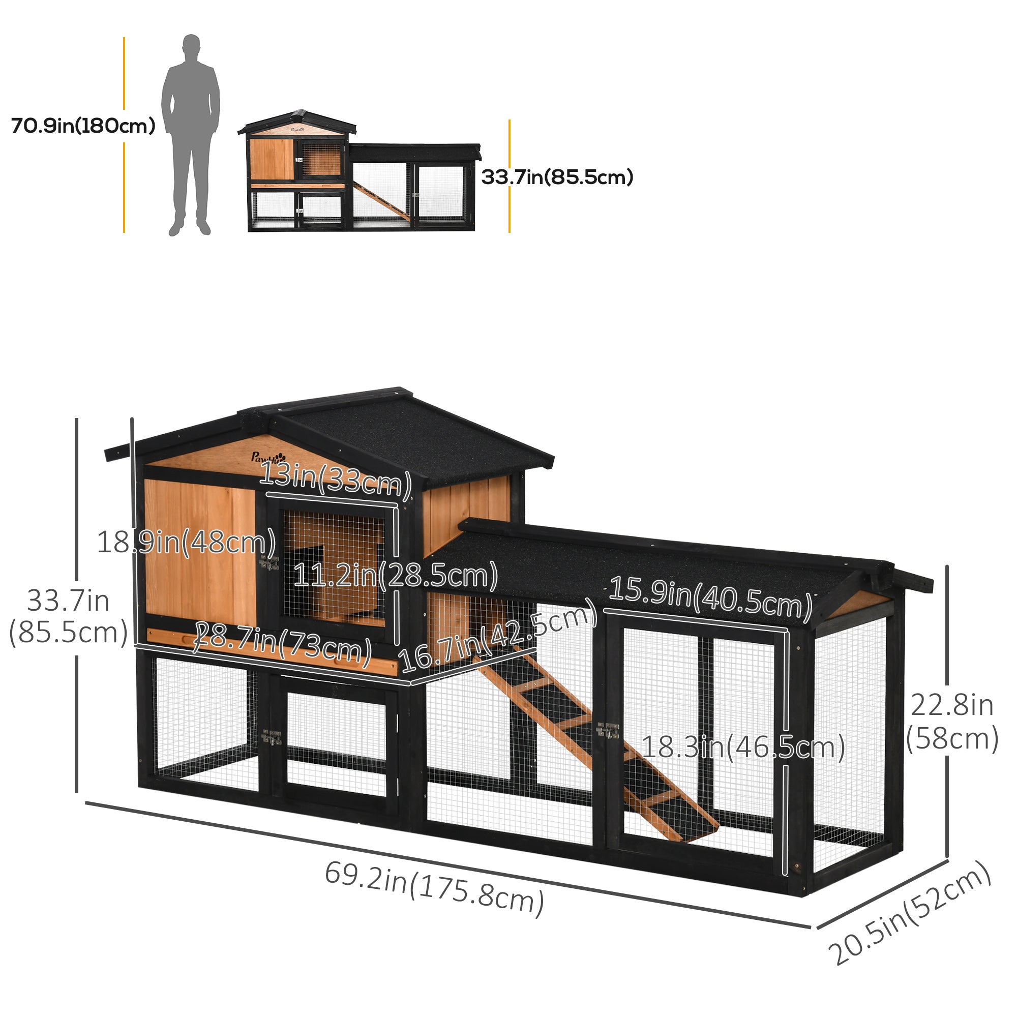 PawHut 69" Wooden Rabbit Hutch Pet Playpen Bunny House Enclosure with Run Box, Slide-out Tray, Ramp, for Rabbits and Small Animals, Black
