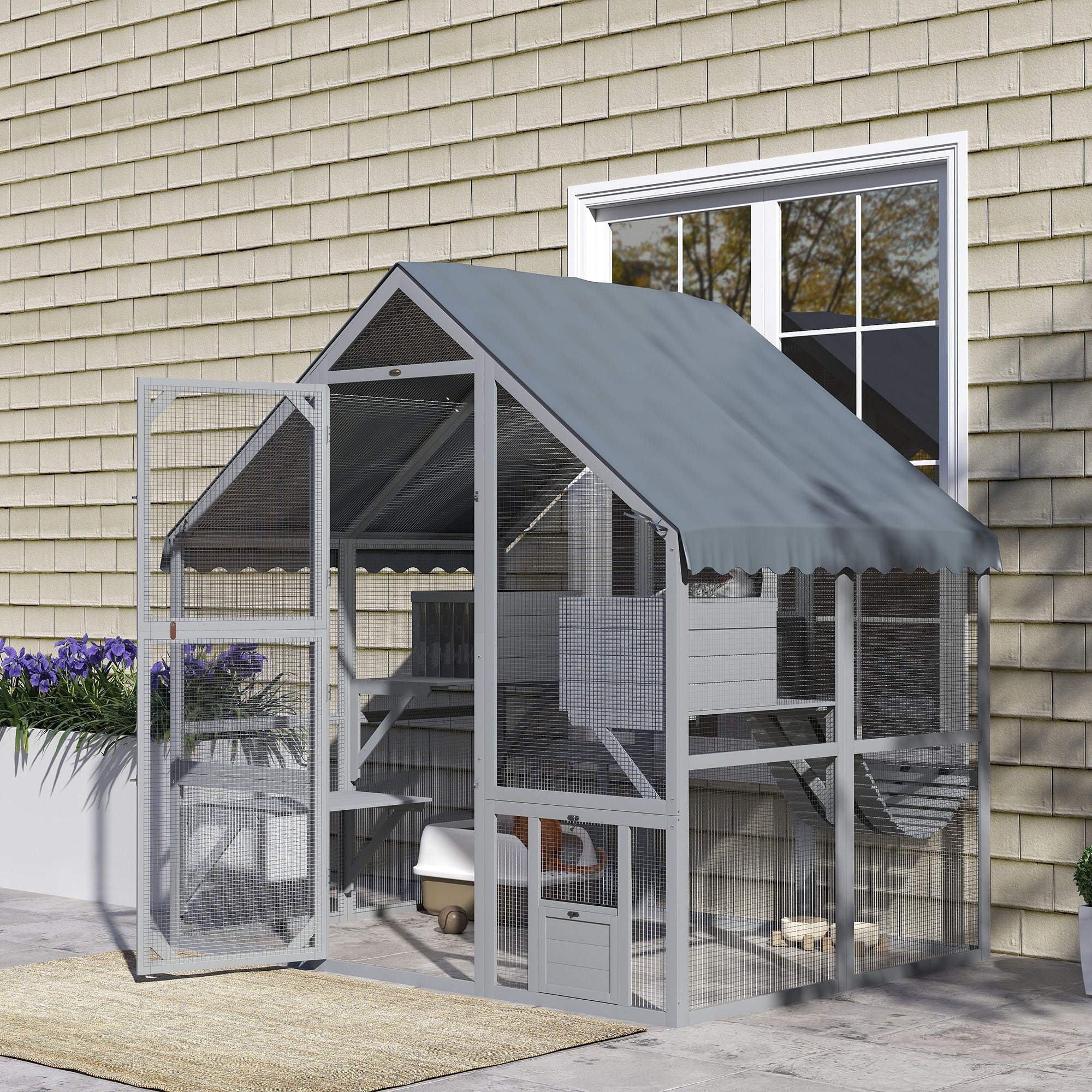 PawHut Large Catio Outdoor with Waterproof Cover, 2 Resting Boxes, 4 Platforms, Bridge, for 2-4 Kittens, Grey