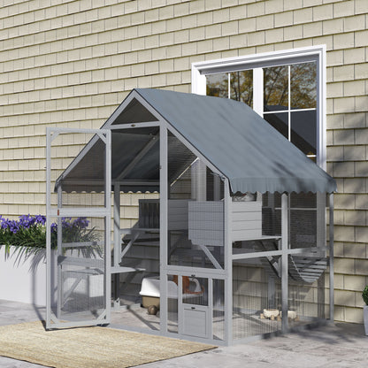 PawHut Large Catio Outdoor with Waterproof Cover, 2 Resting Boxes, 4 Platforms, Bridge, for 2-4 Kittens, Grey