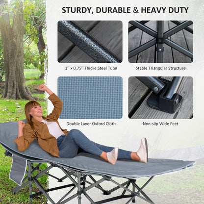 Outsunny Folding Camping Cot with Mattress & Pillow, Double Layer Oxford Heavy Duty Sleeping Cot with Carry Bag Dark Grey