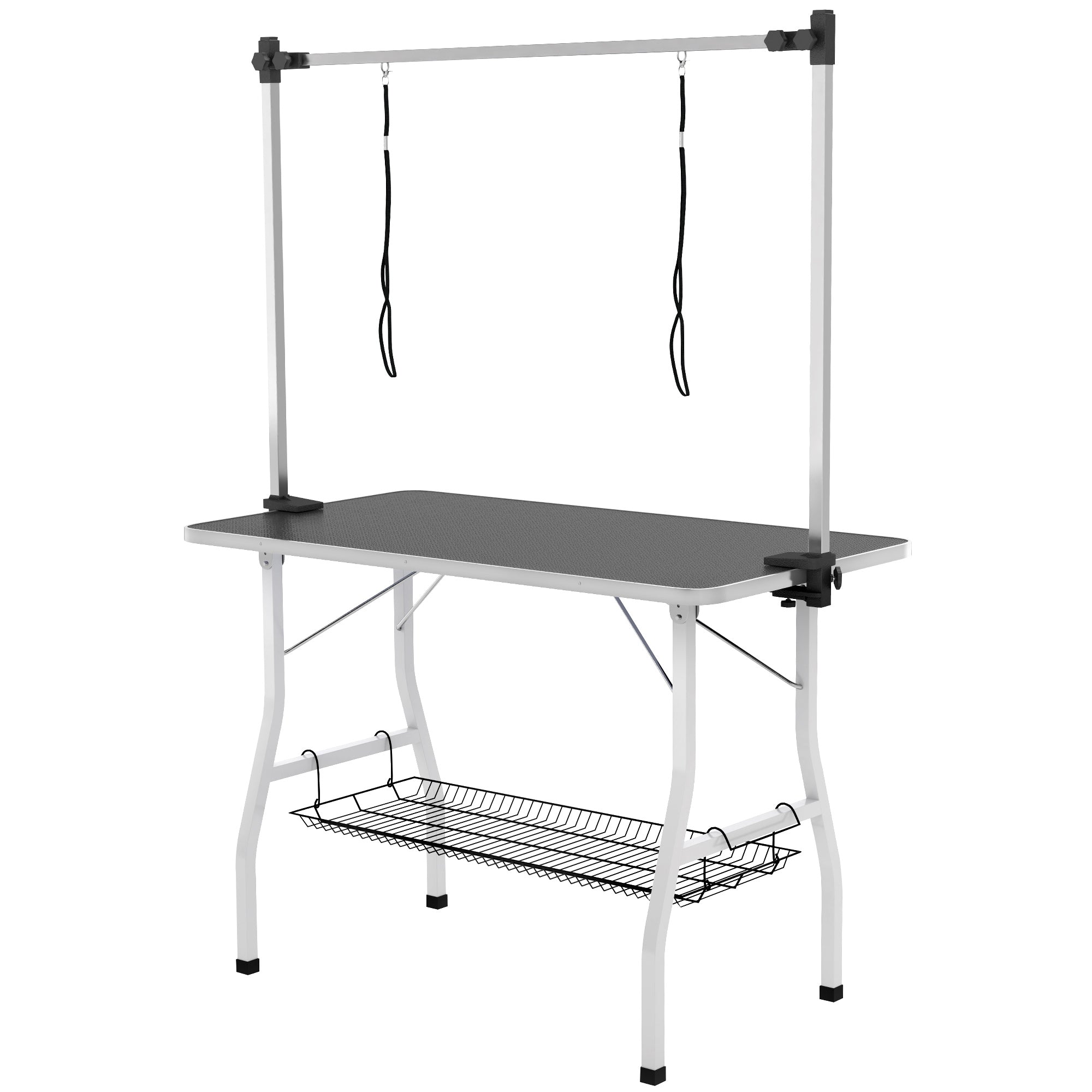 PawHut Foldable Dog Grooming Table with Adjustable Grooming Arms, Storage Shelf, Two Nooses, 42" x 24" x 61", Black