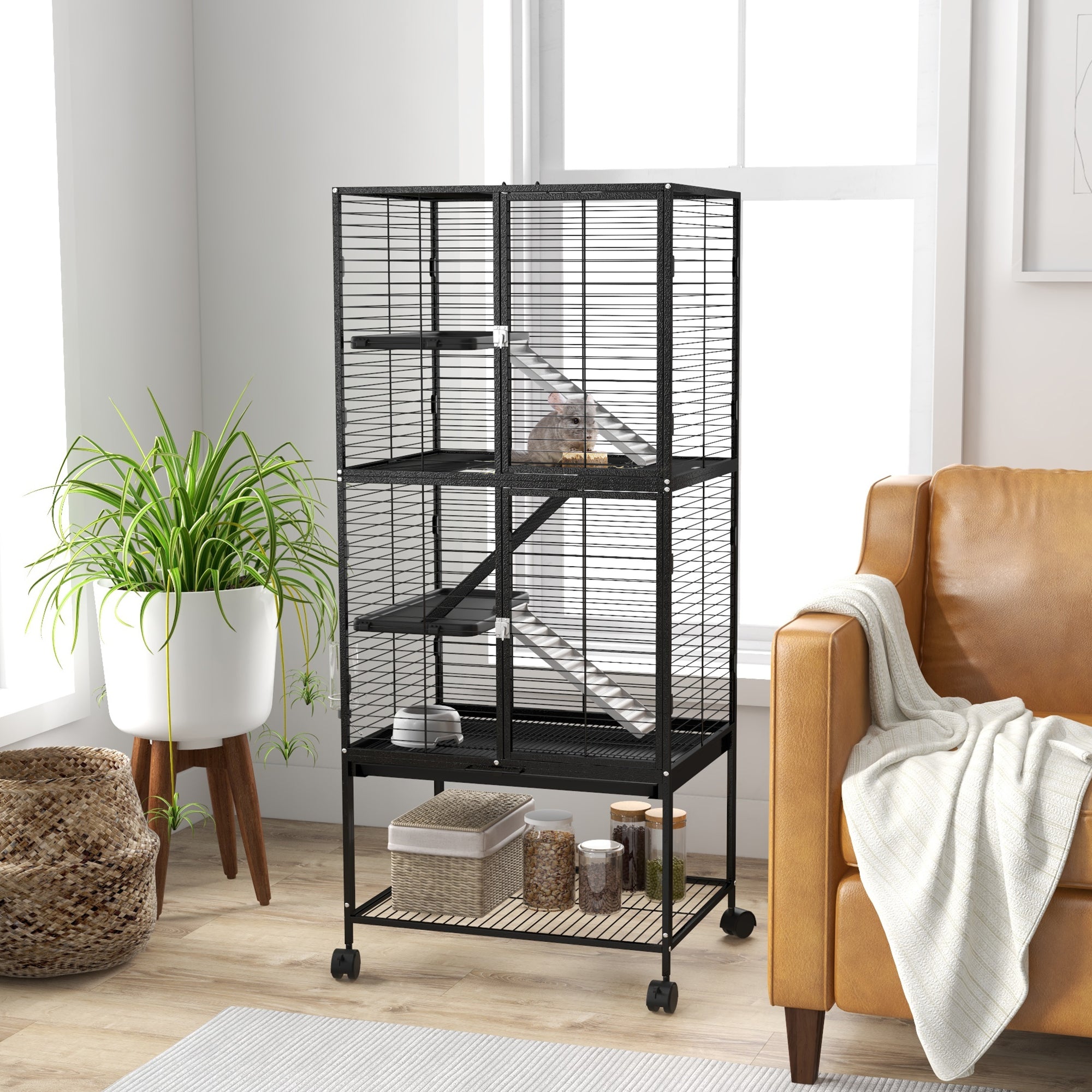 PawHut Rolling Small Animal Cage 53.5"H Chinchilla Cage for Ferrets, Squirrels w/ Removable Tray, Storage Shelf, Black