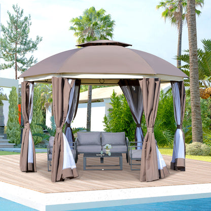 Outsunny 12' x 12' Outdoor Gazebo Canopy, Dome Patio Gazebo Netting Sidewalls and Curtains, Double Vented Roof, Brown