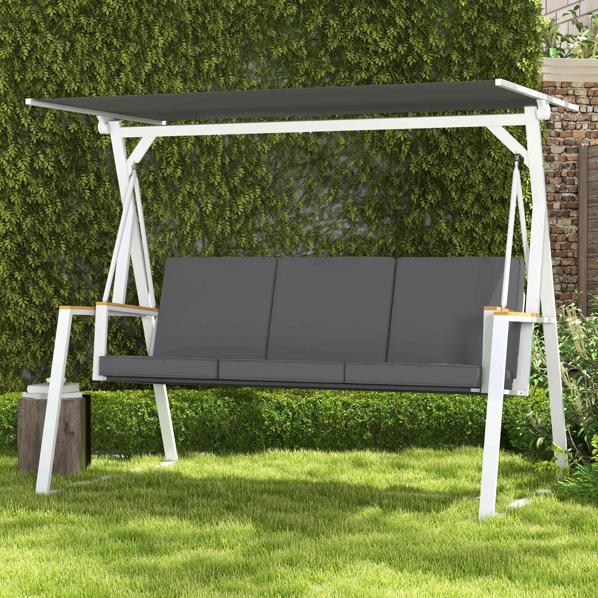 Outsunny 3-Seat Outdoor Porch Swing Outdoor Patio Swing with Adjustable Canopy, Removable Cushion for Garden, Poolside, Grey