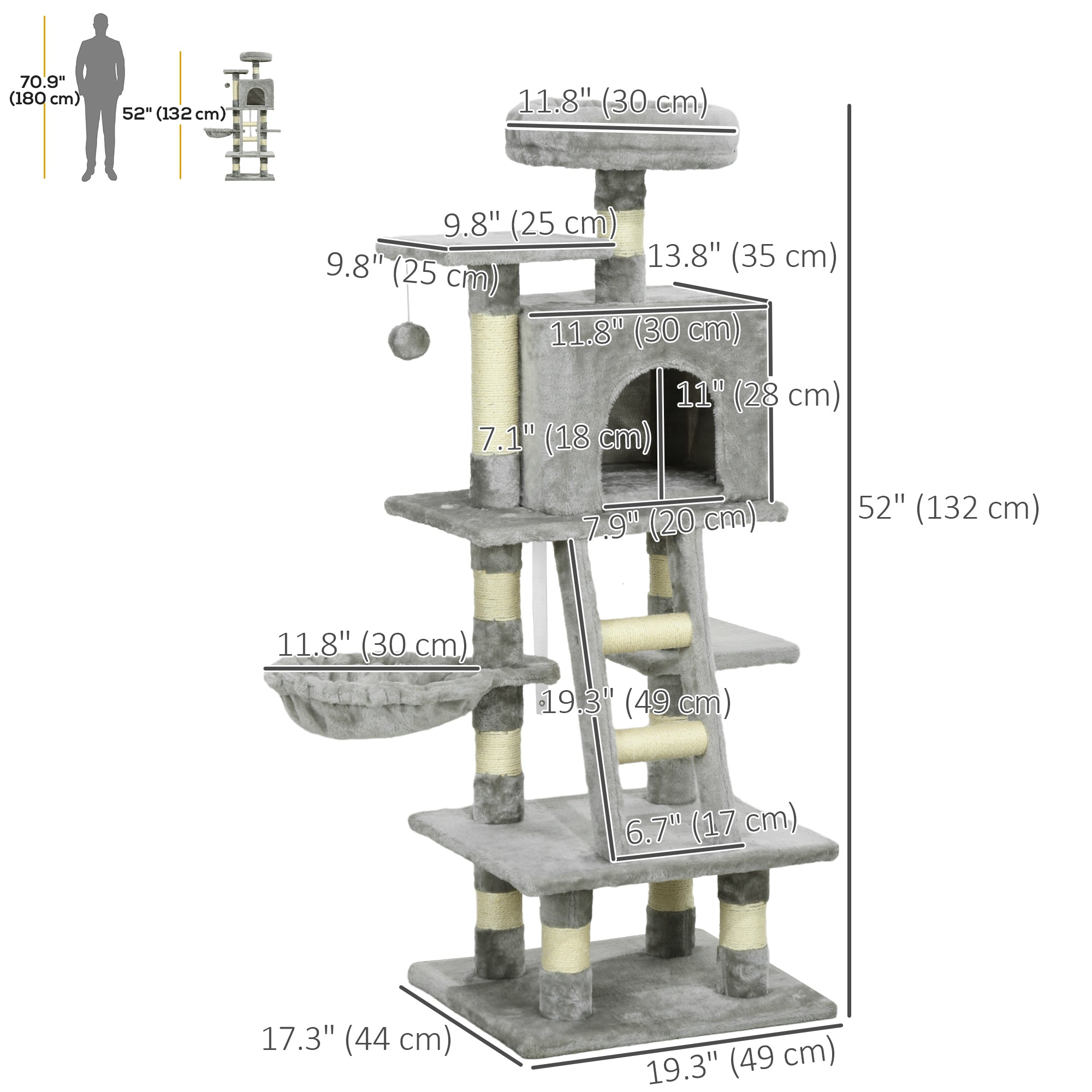 PawHut 49 Inch Large Cat Tree for Indoor Cats, Light Grey