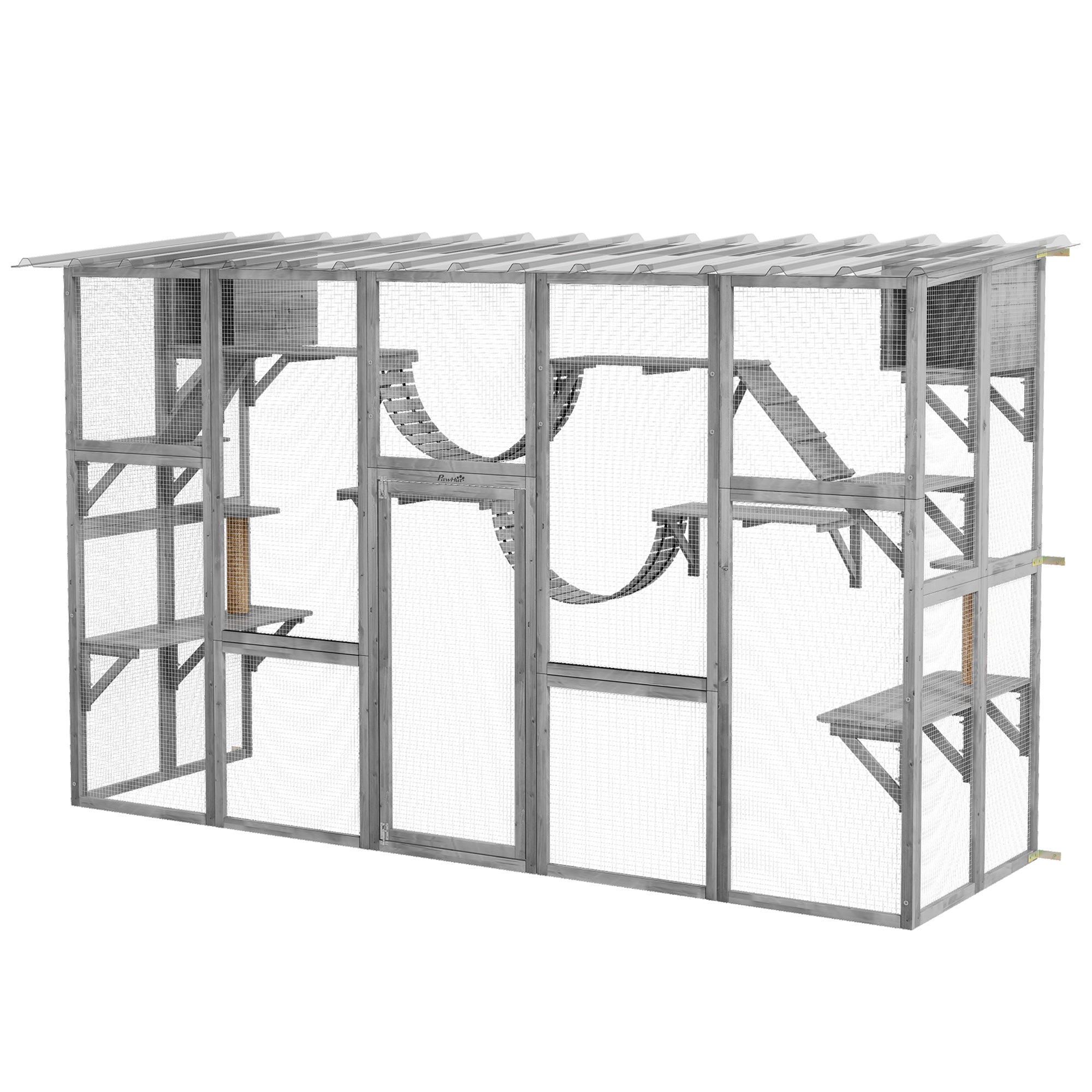 PawHut Large Outdoor Catio with Condos, Platforms, Doors, Ladders, Weather-Resistant Roof, Grey
