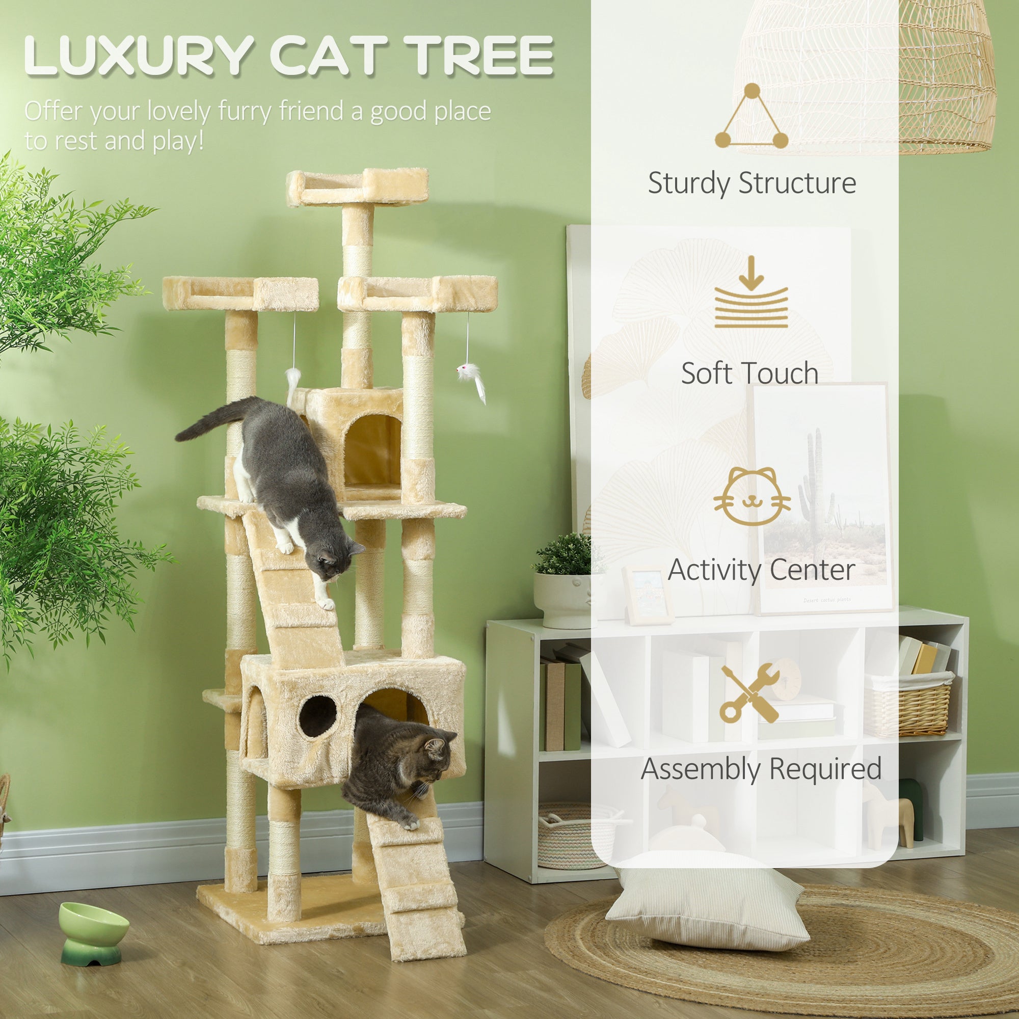 PawHut 68-inch Multi-Level Cat Scratching Tree Kitty Activity Center Post Tower Condo Pet Furniture w/ Toy Beige