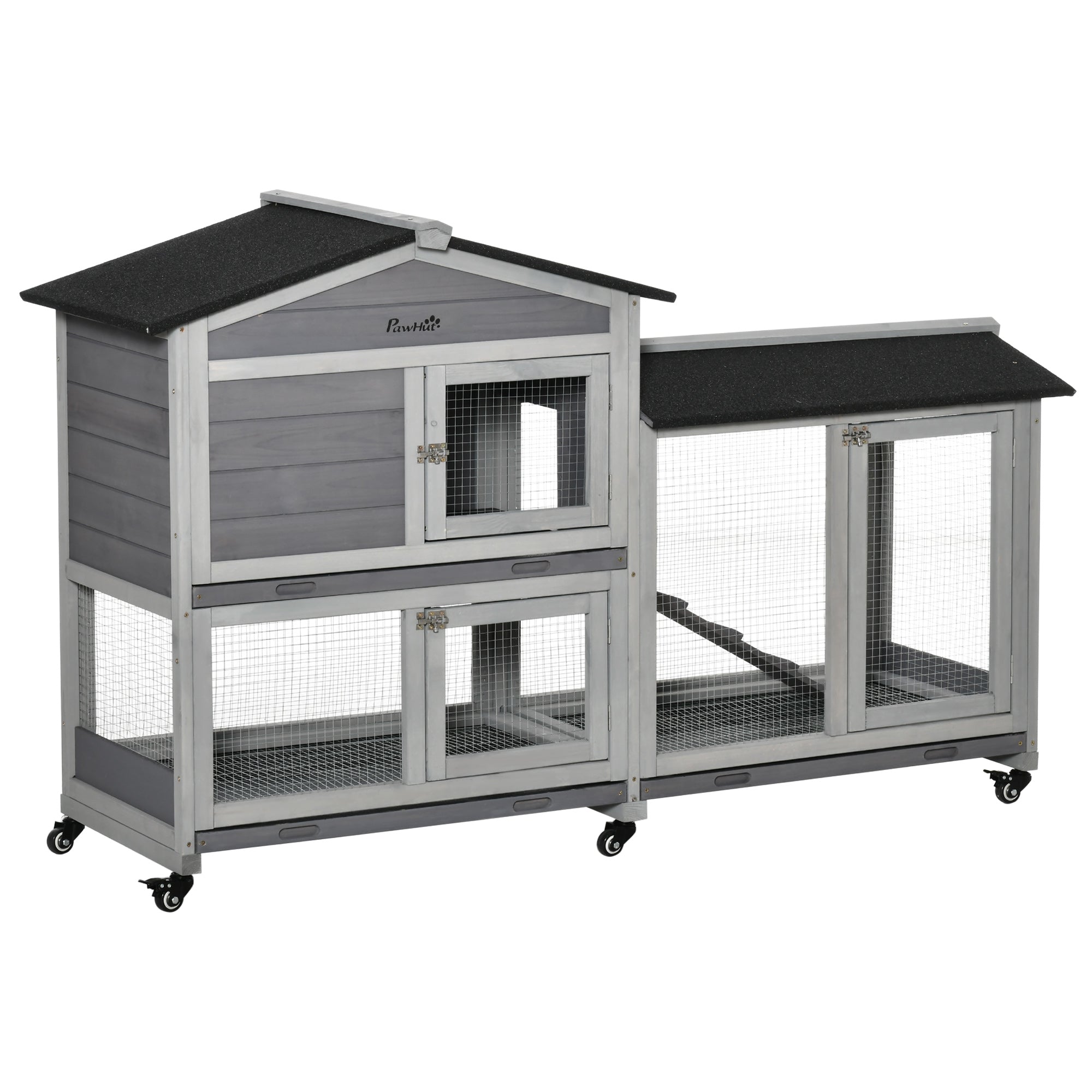 PawHut 62" Wooden Rabbit Hutch with Wheels, Run Box, Tray, Ramp for Small Animals, Guinea Pig, Indoor Outdoor Use, Light Grey
