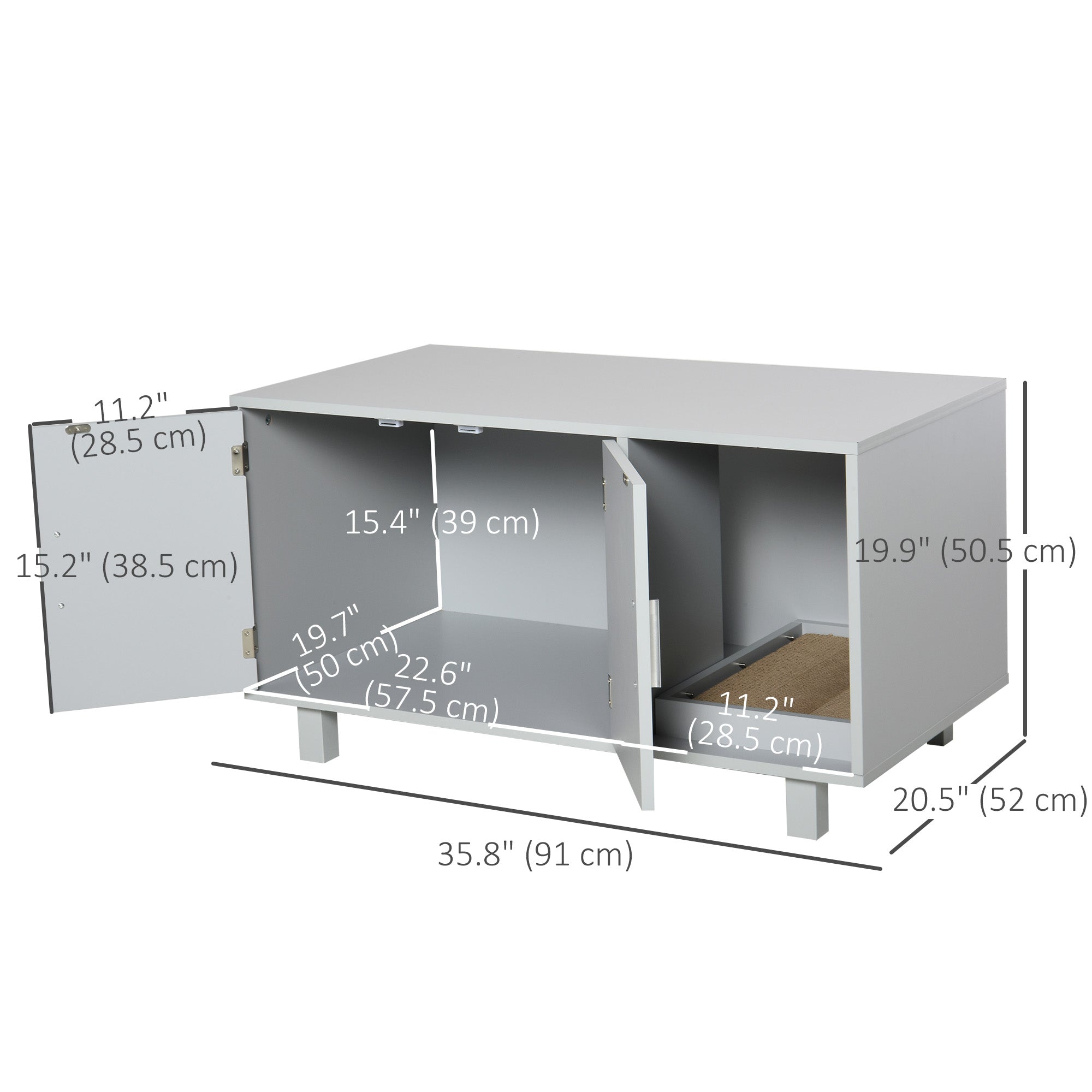 PawHut Wooden Cat Washroom Pet Litter Box Enclosure Kitten House Nightstand End Table with Scratcher Magnetic Doors Grey