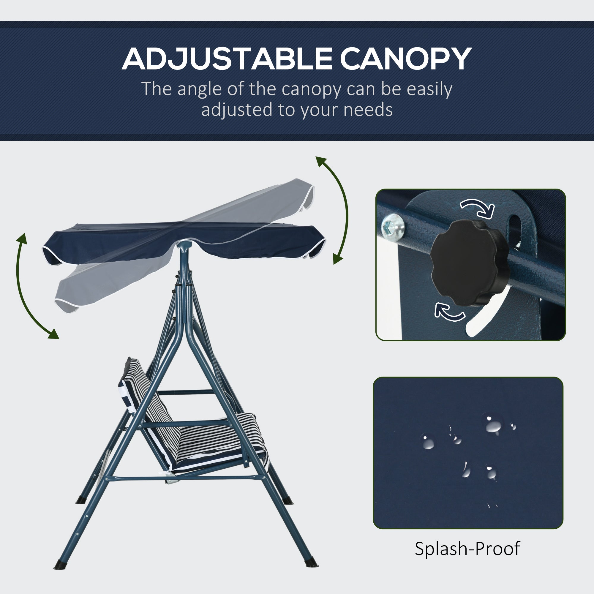 Outsunny 3-Seater Outdoor Porch Swing with Adjustable Canopy, Patio Swing Chair for Garden, Poolside, Backyard, Blue and White