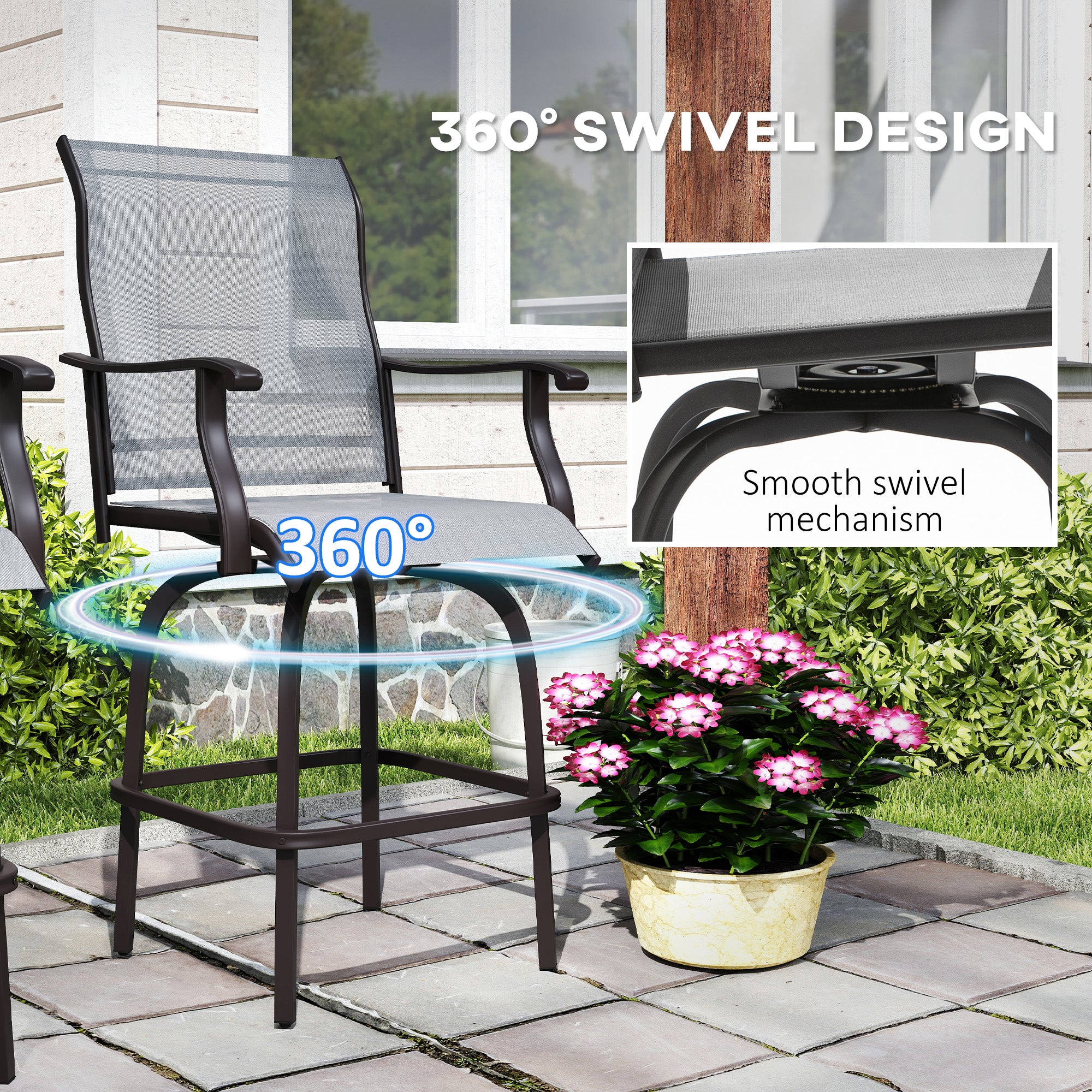 Outsunny Outdoor Bar Stools Set of 2, Swivel Bar Height Chairs with High Back, Curved Armrests and Steel Frame, Light Grey