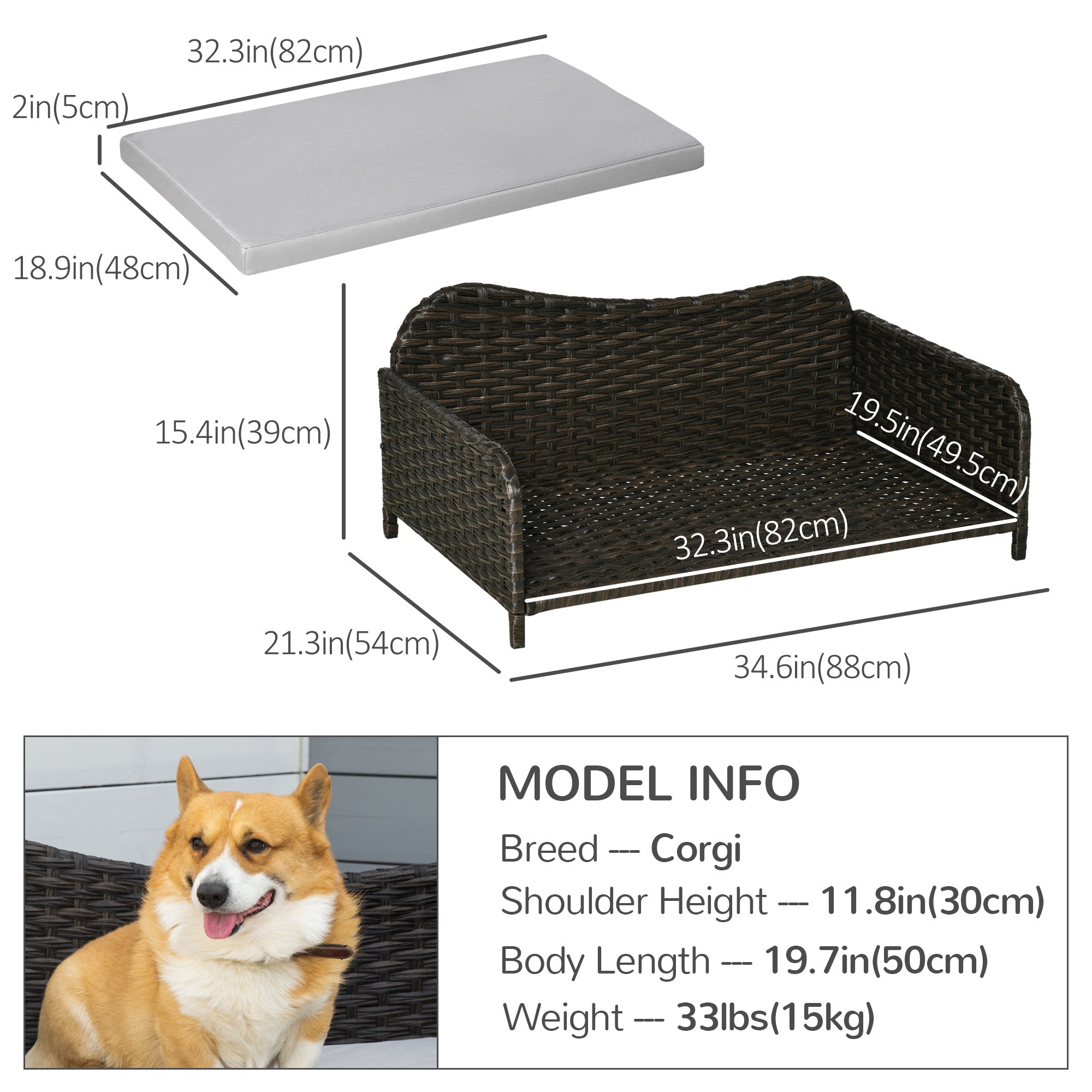PawHut Rattan Pet Sofa for Large & Medium Dogs, Indoor & Outdoor Raised Wicker Dog Bed, Cat Couch, with Soft Washable Cushion, Charcoal Grey