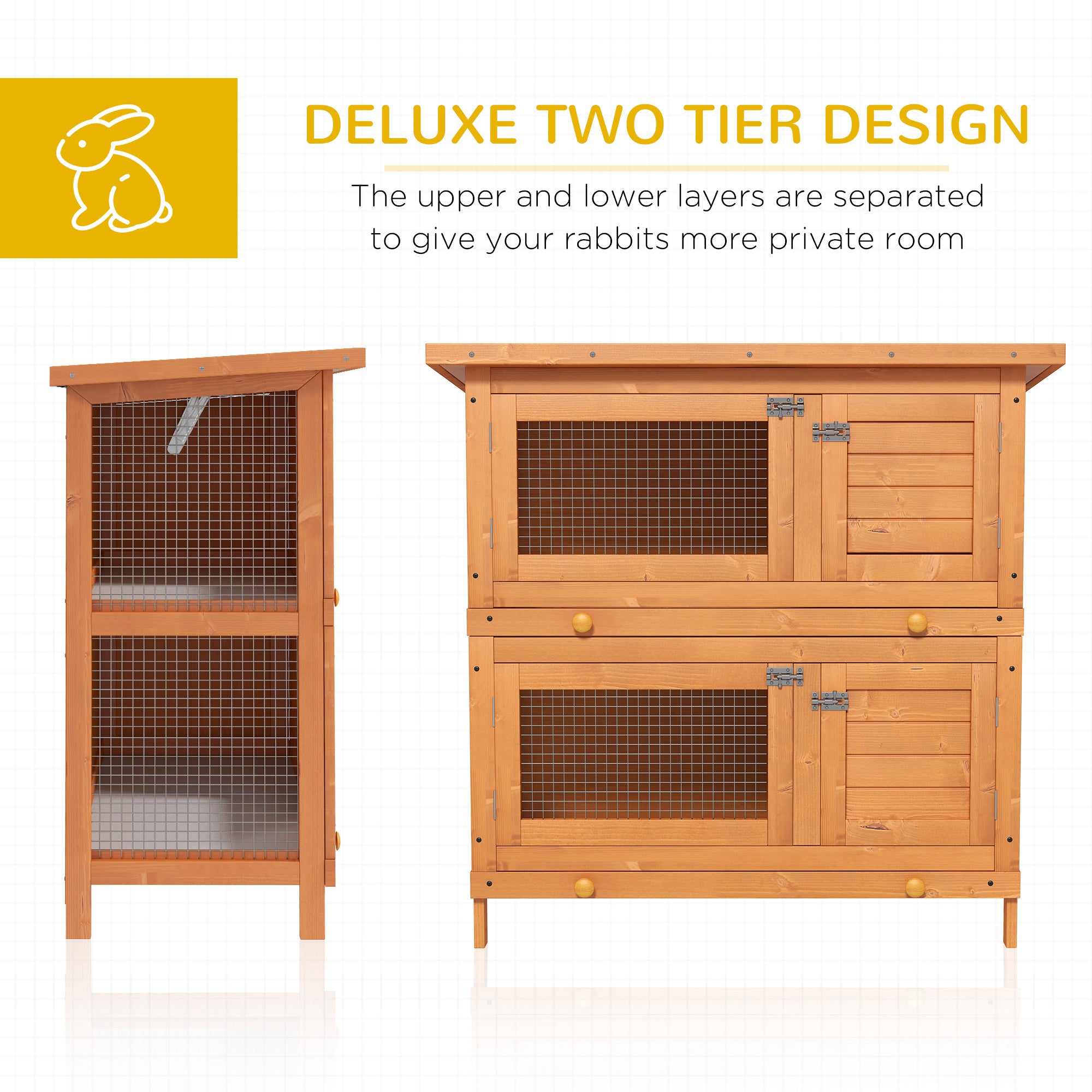 PawHut 2-Tier Wooden Rabbit Hutch Small Animal House Bunny Pet Cage with 2 Main Rooms, Sliding Tray, Opening Top, Yellow
