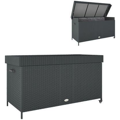 Outsunny 165 Gallon Deck Box, Wicker Outdoor Patio Storage Box with Waterproof Liner, Gas Strut and Universal Wheels, Black