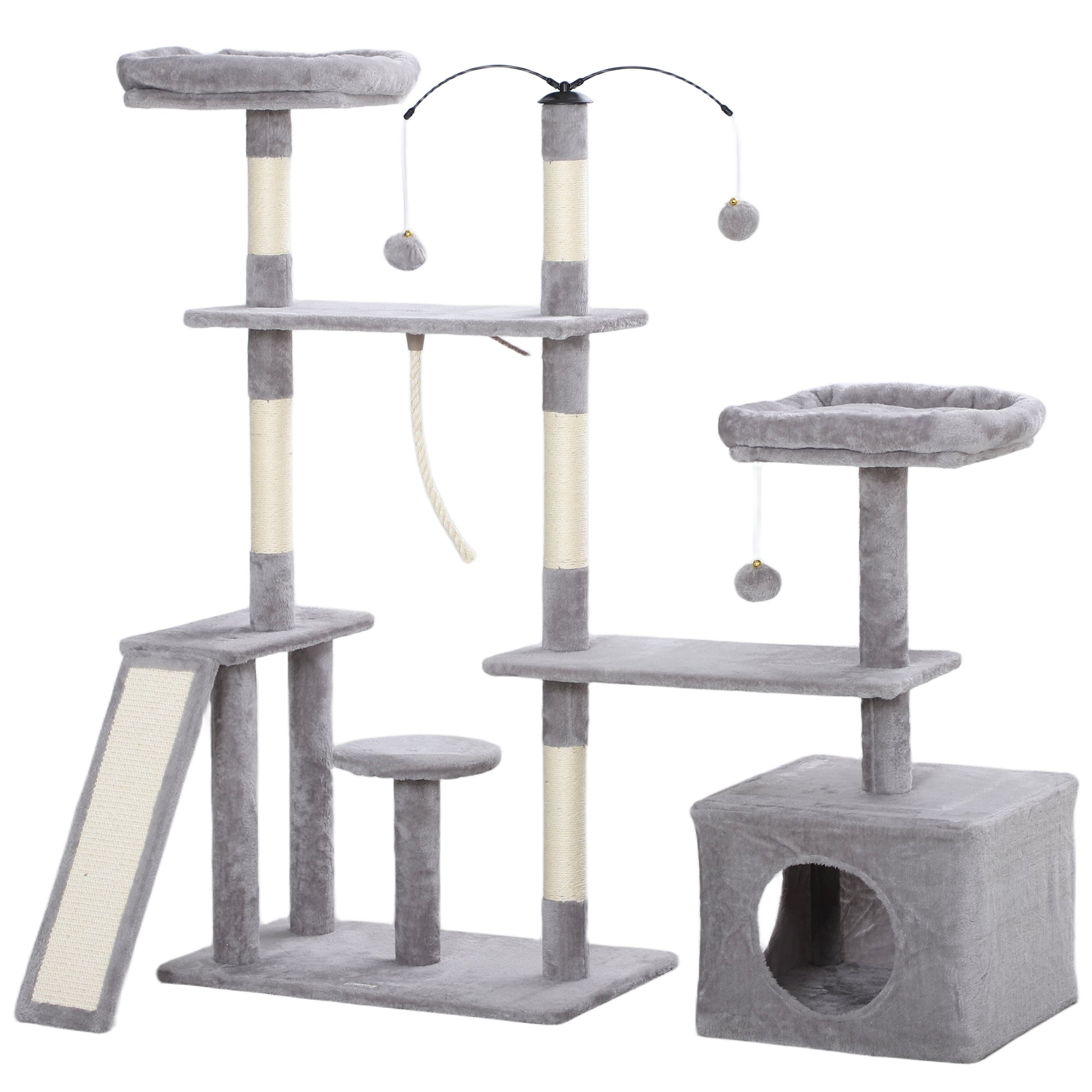 PawHut 53" Cat Tree, Cat Tower with Scratching Posts, Cat Condo, Beds, Platforms, Toy Balls for Indoor Cats, Light Grey