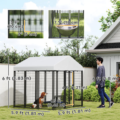 PawHut Outdoor Dog Kennel with Waterproof UV-Resistant Cover, Rotating & 4-Level Adjustable Feeding Bowls, 5.9 x 5.9 x 6 ft