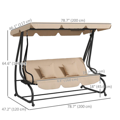 Outsunny 3-Seat Outdoor Patio Swing Chair, Converting Flat Bed, Canopy Swing with Adjustable Shade, Removable Cushions, Cup Holder, Light Brown