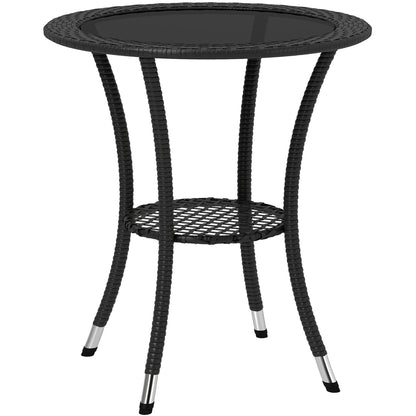 Outsunny Outdoor Rattan Dining Table, Patio Wicker Round Coffee Table with 2-Tier Storage Shelf, Black