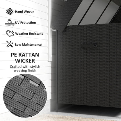 Outsunny 165 Gallon Deck Box, Wicker Outdoor Patio Storage Box with Waterproof Liner, Gas Strut and Universal Wheels, Black