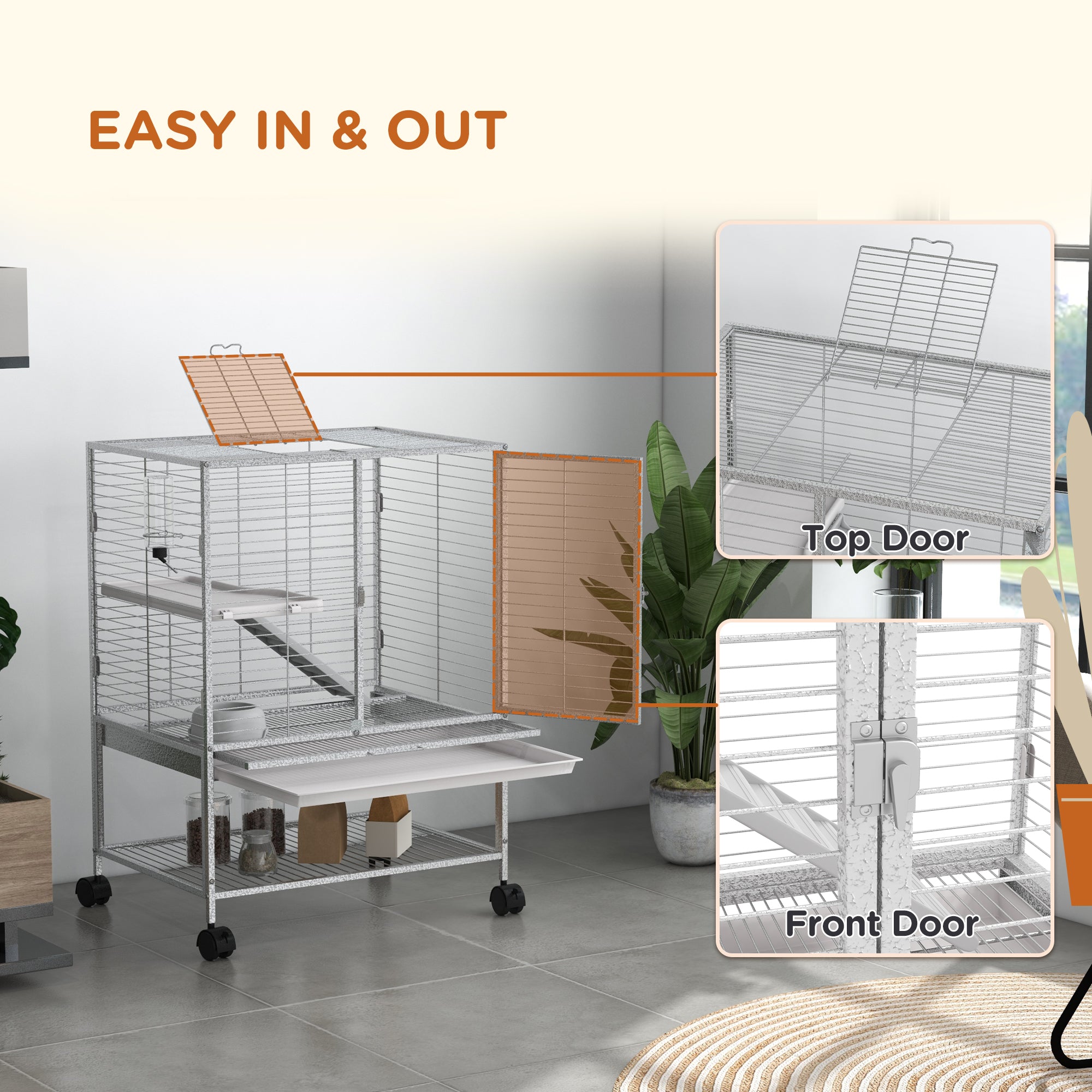 PawHut Rolling Small Animal Cage 34"H Chinchilla Cage for Ferrets, Squirrels w/ Removable Tray, Storage Shelf, Black