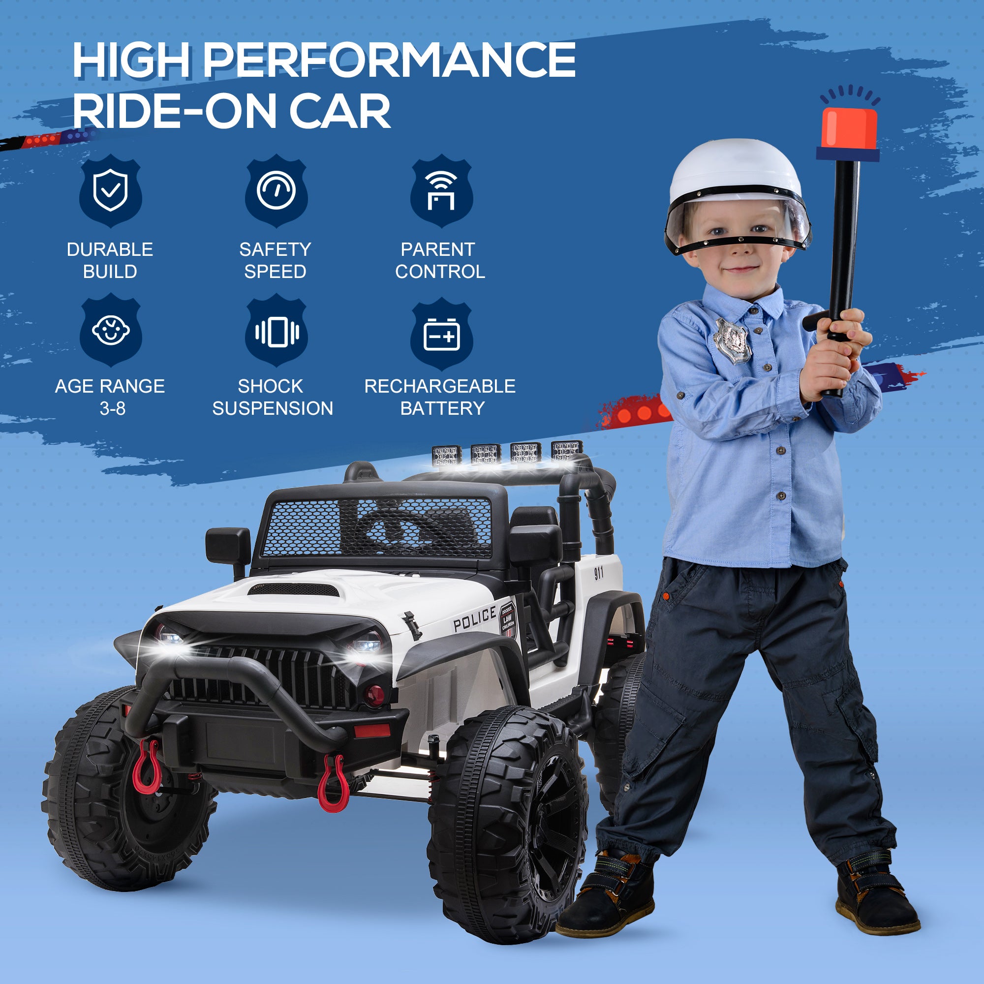 Aosom 12V Battery-powered Kids Electric Ride On Police Car SUV Truck Toy with Parental Remote Control, White