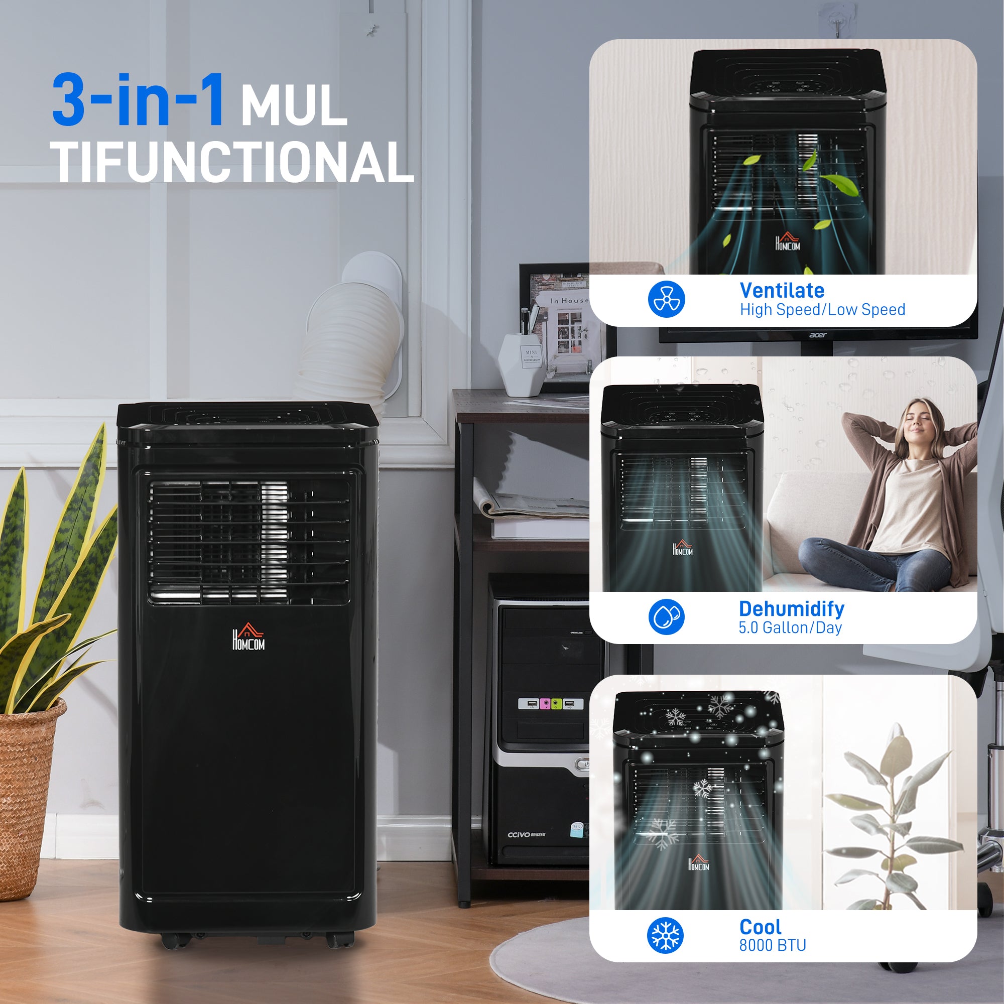 HOMCOM 8000 BTU Portable Air Conditioner with Cooling, Dehumidifier, Remote Control, 24-Hour Timer, Window Mount Kit, Black