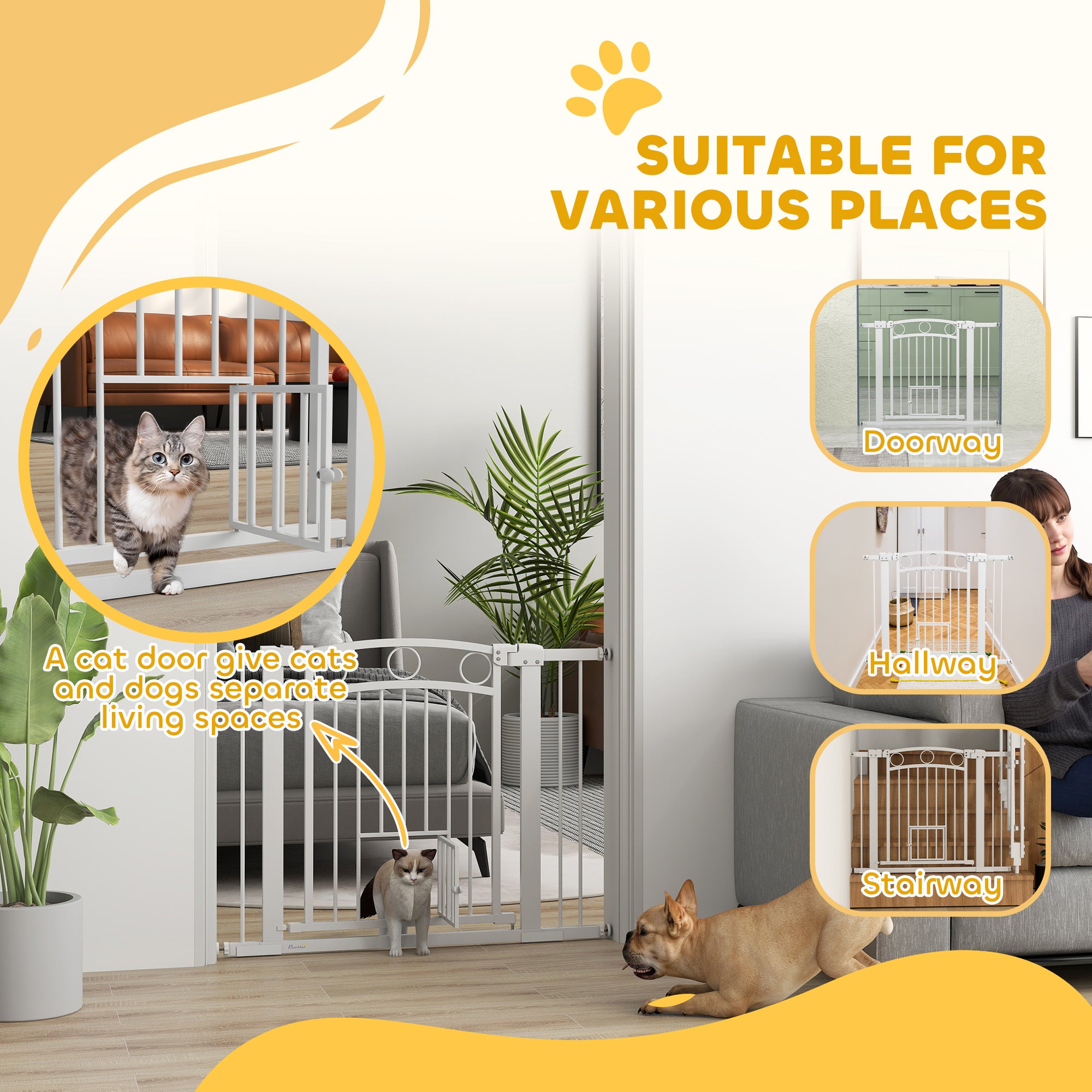 PawHut 30" Extra Tall Dog Gate w/ Cat Door, 2 Extension Kits, for Doorways, Hallways, Stairways, 30"-41" Width