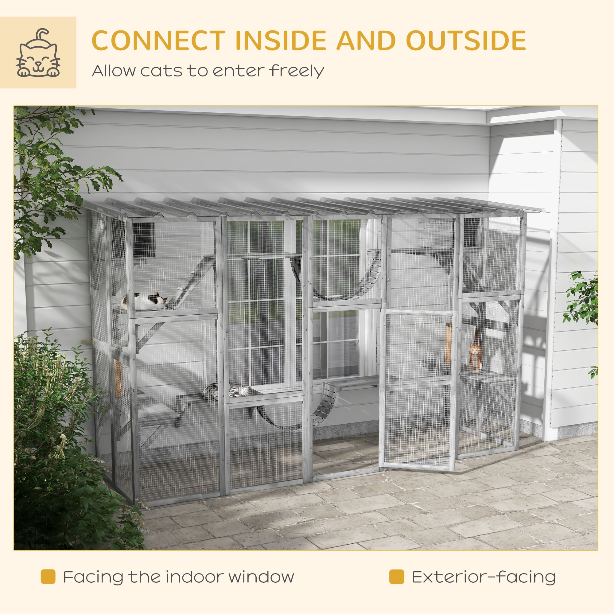 PawHut Large Outdoor Catio with Condos, Platforms, Doors, Ladders, Weather-Resistant Roof, Grey