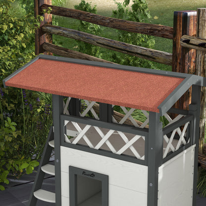 PawHut Wooden 2-Story Shelter for Feral Cats with Asphalt Roof, Stairs, Balcony, 30" x 20" x 29", White