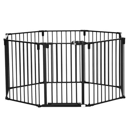 PawHut Dog Safety Gate 8-Panel Playpen Fireplace Christmas Tree Steel Fence Stair Barrier Room Divider Black