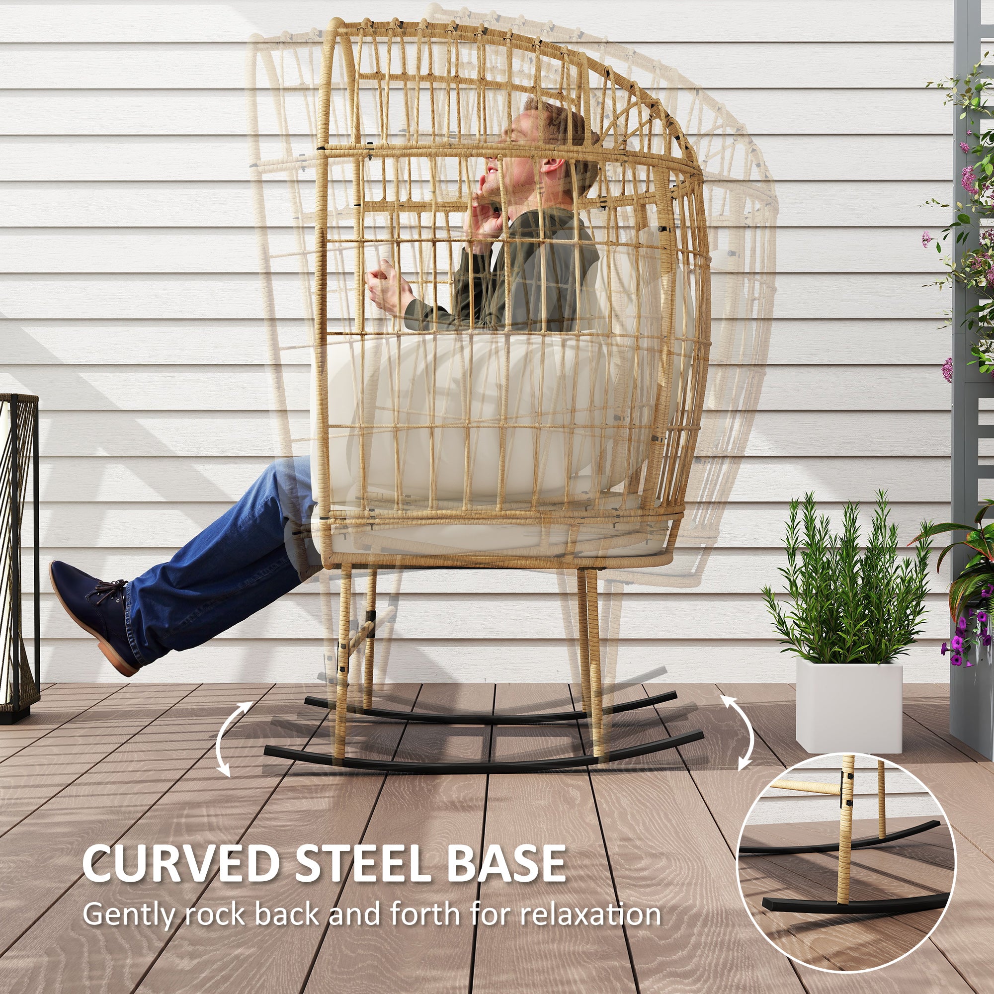 Outsunny Oversized Rocking Chair, Indoor Outdoor Egg Chair w/ Thickened Cushions, Wicker Patio Lounger for Porch, Balcony, Beige